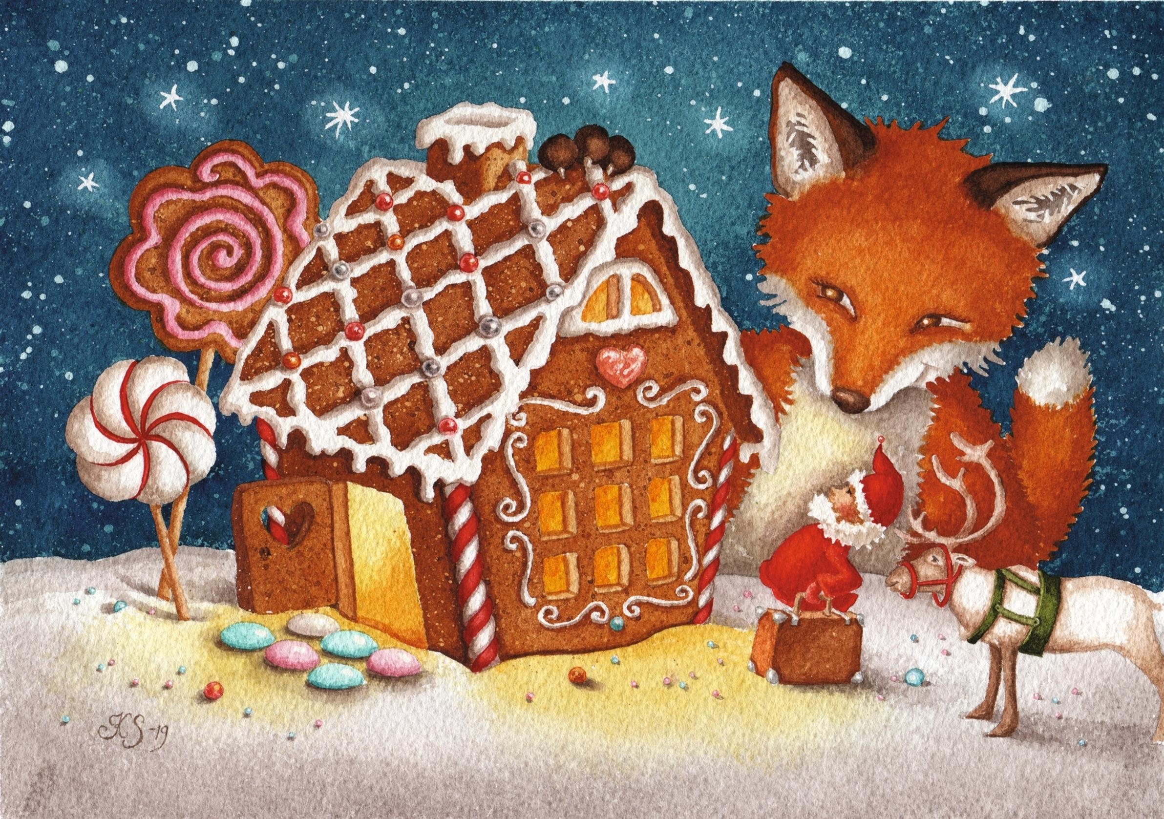 A postcard designed by Katja Saario showing a fox and a gingerbread house