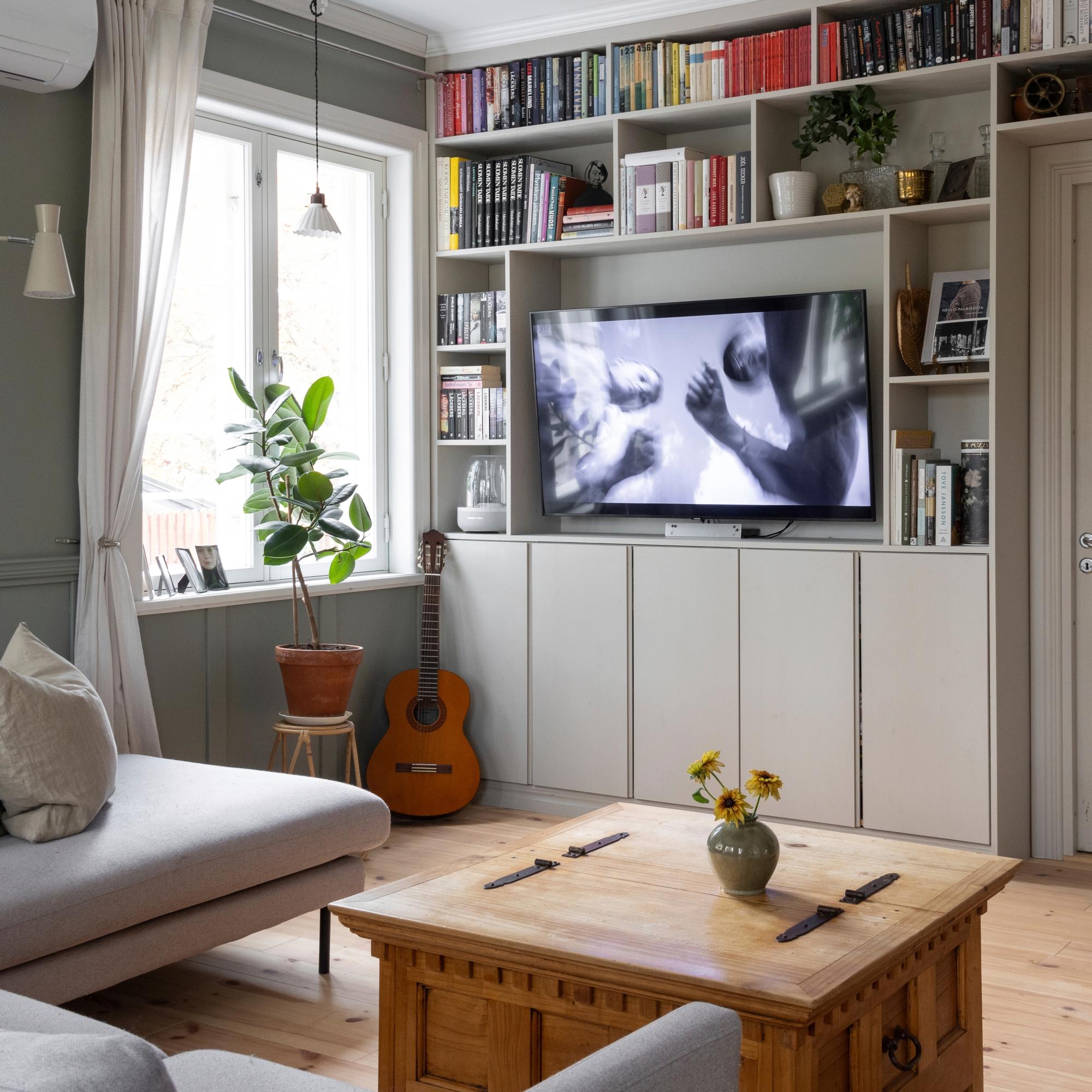 How to make a custom built-in bookshelf from Ikea pine cabinets and glued-laminated boards