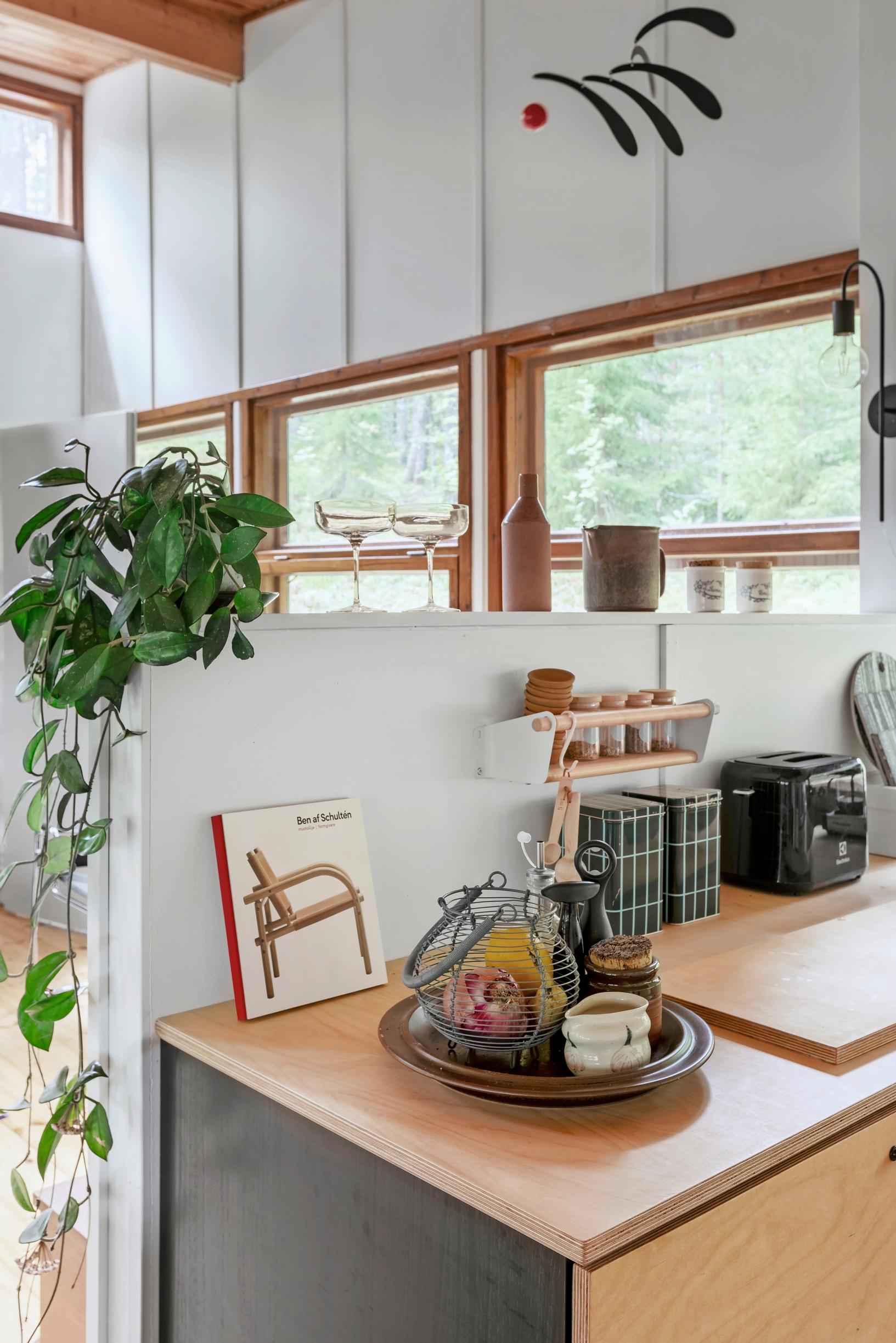Kitchen utensils on the table, a green plant on top of the room divider.