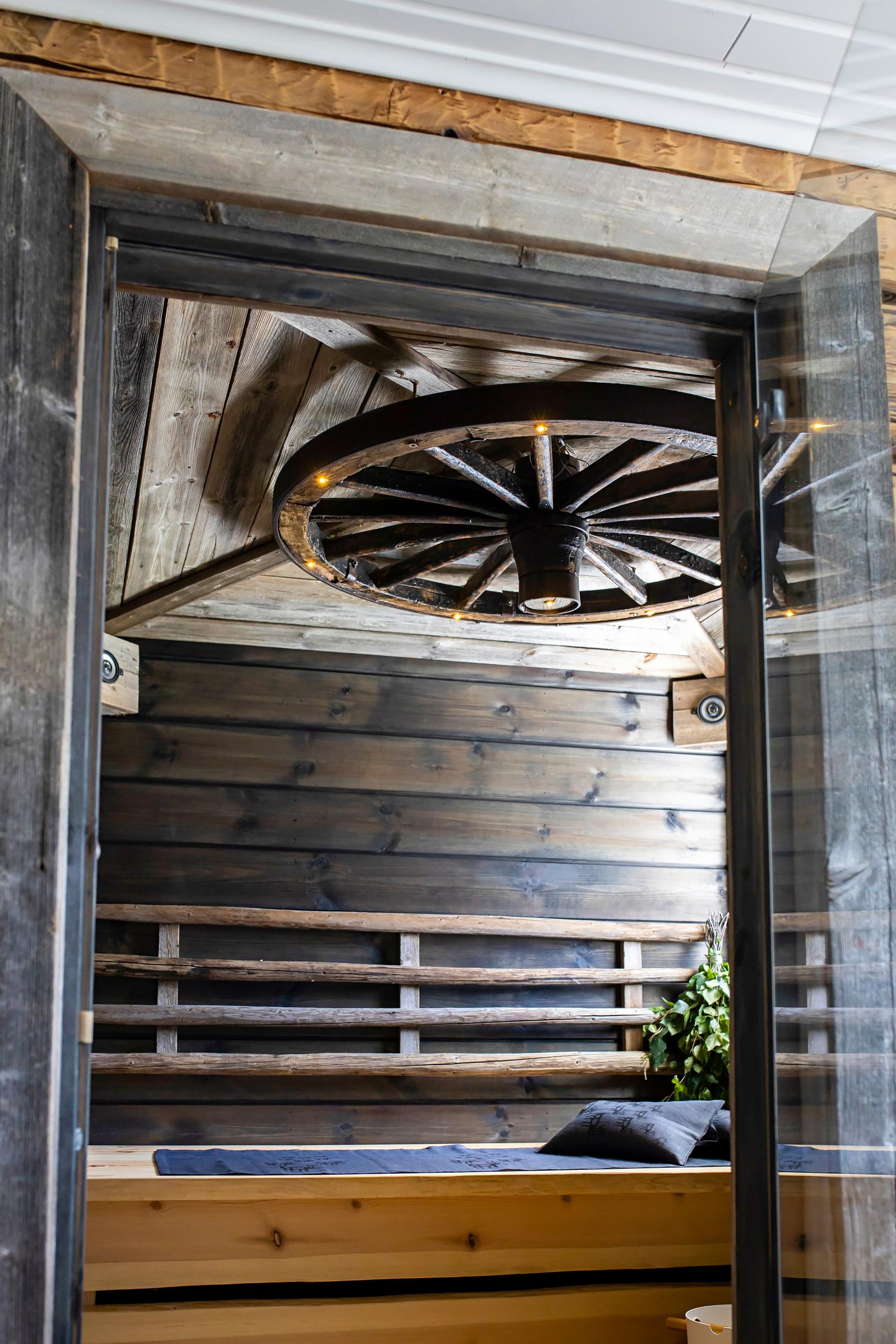 Wagon wheel light in the sauna