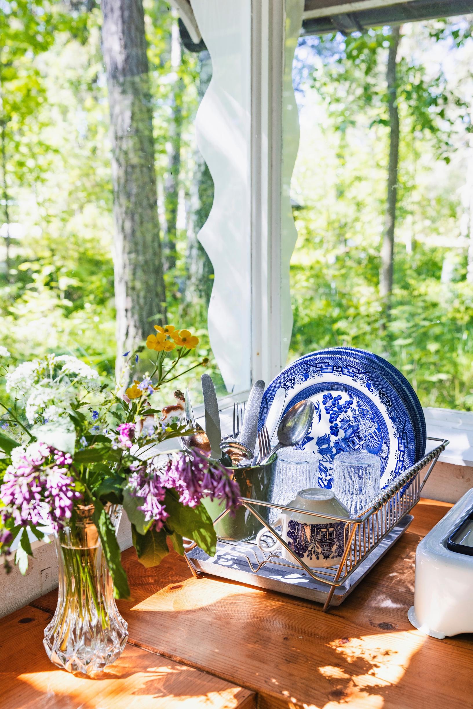 dishes on a drying rack, flowers in a vase, windows, and forest view