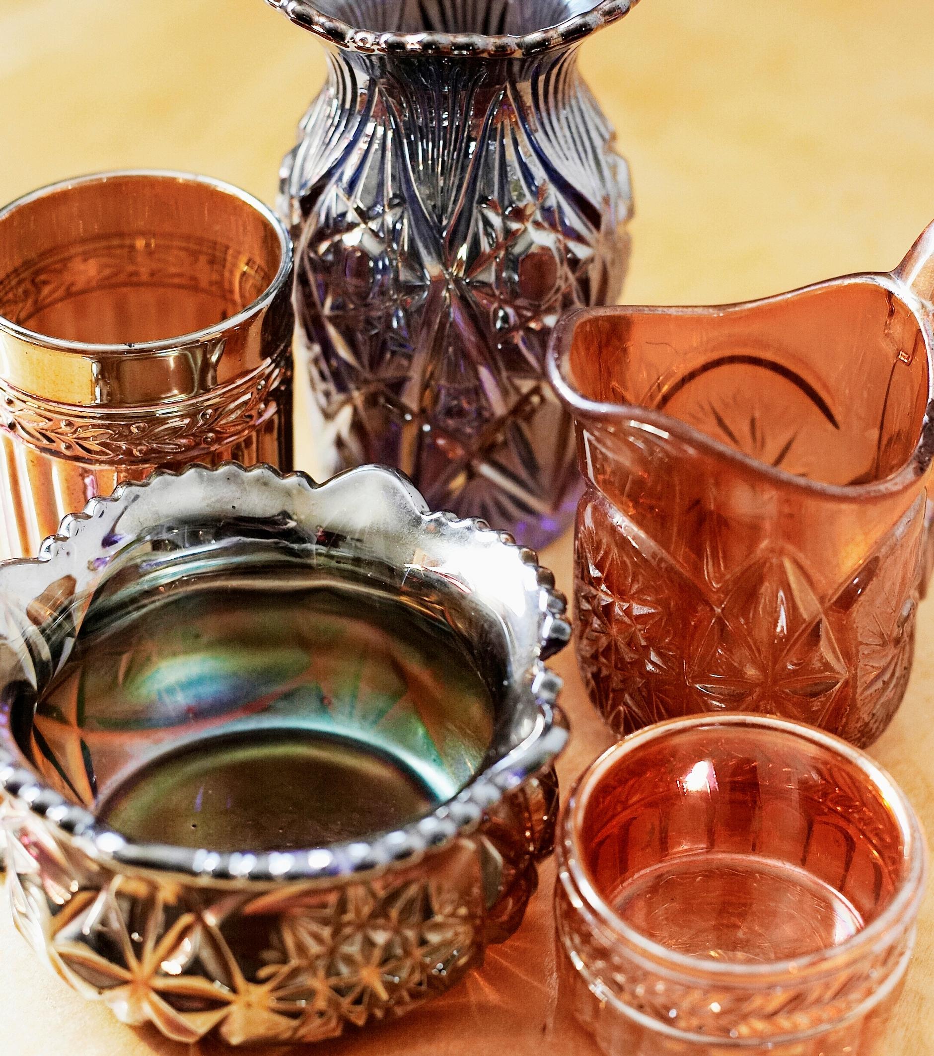 Carnival glass in red and blue