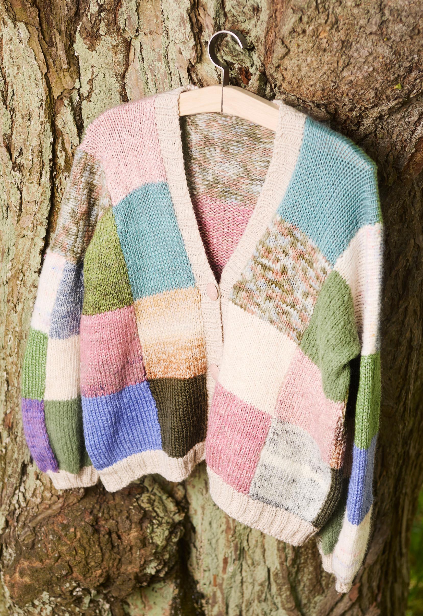 Pastel-colored knit patchwork cardigan