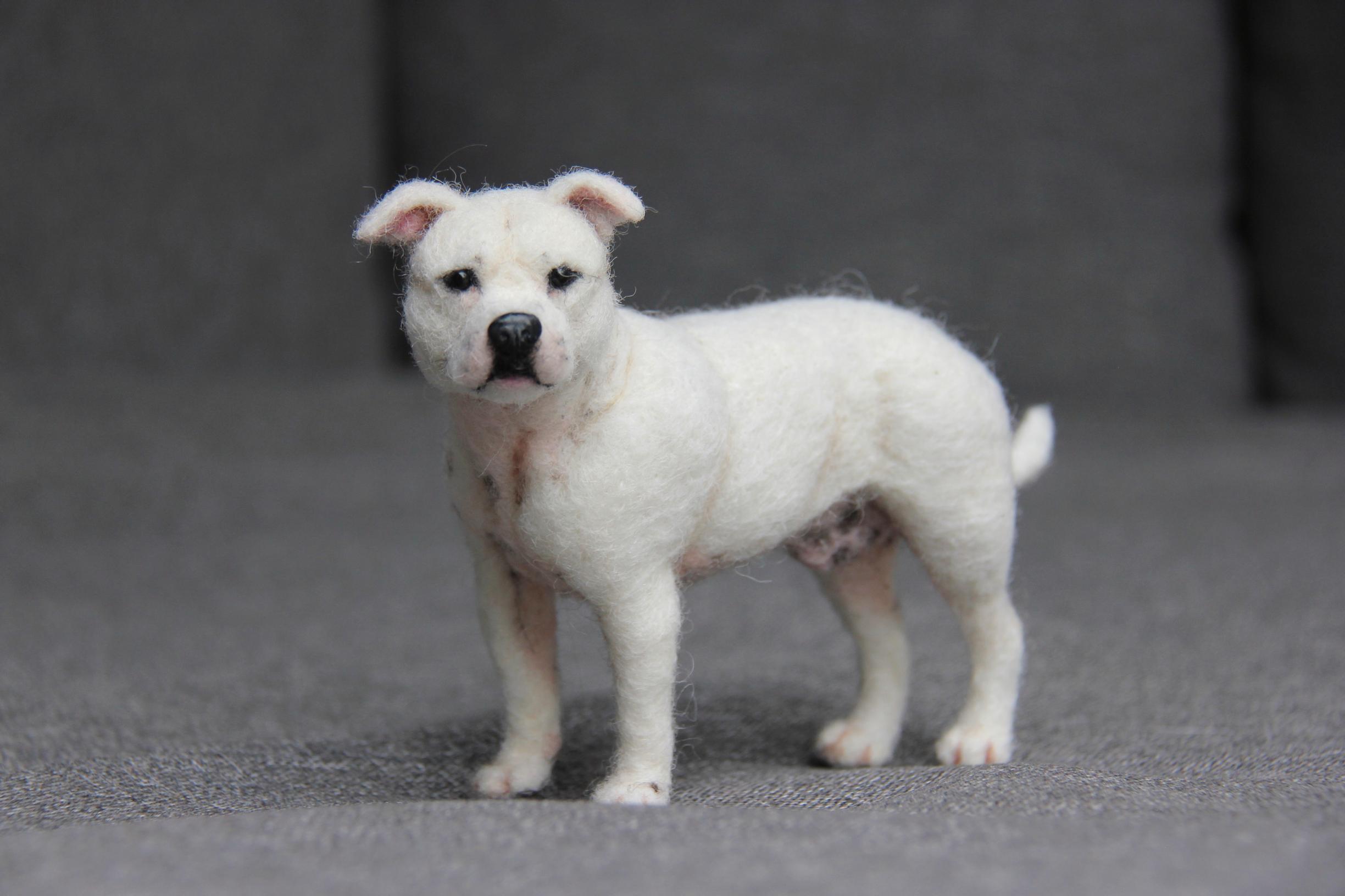 A miniature felted dog