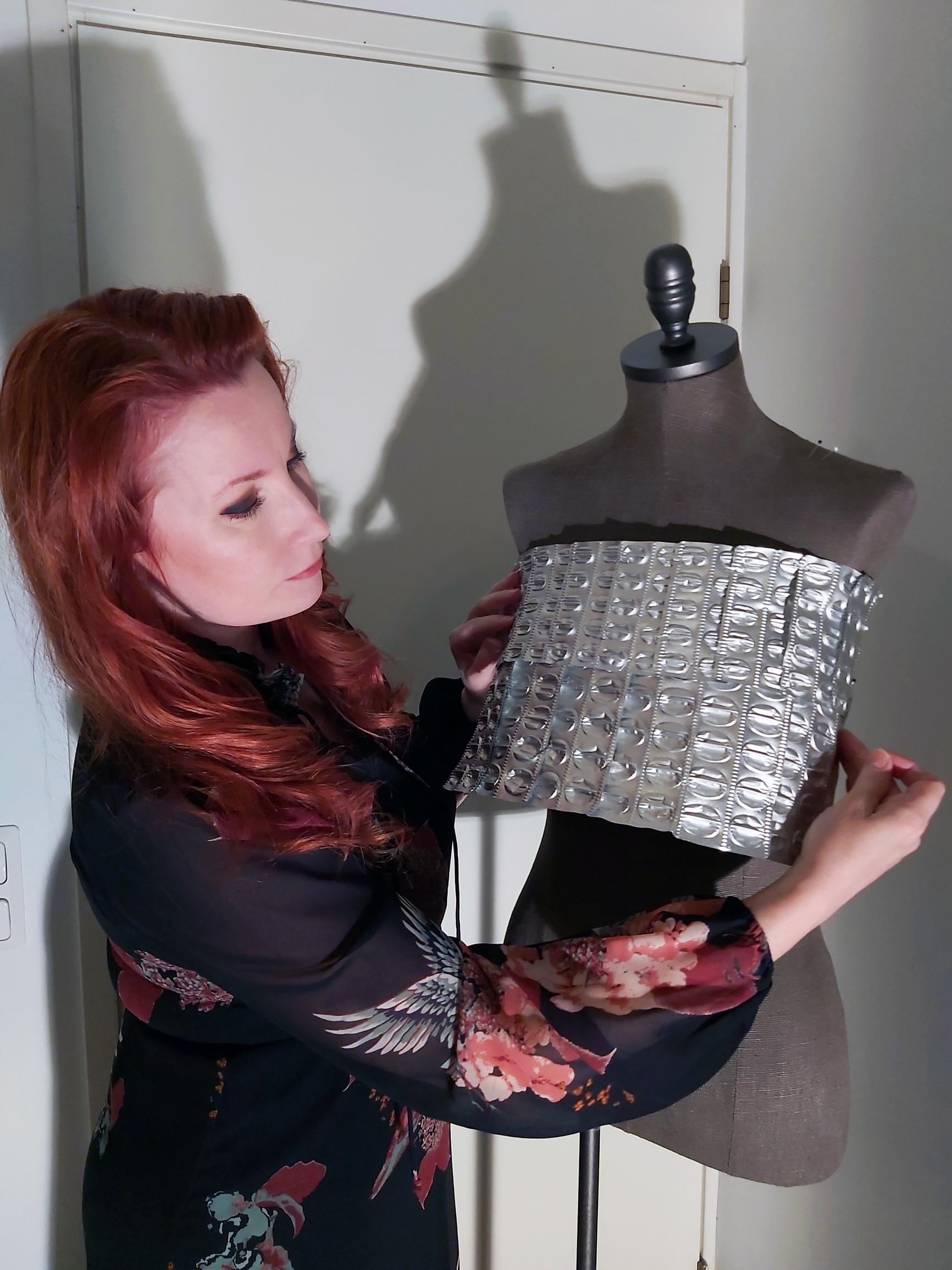 Päivi making the foil dress