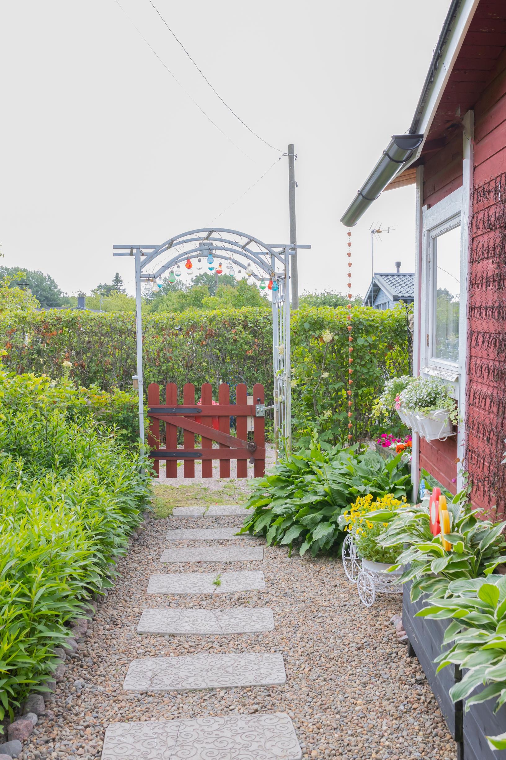 an allotment garden cottage’s yard path with plants and a gate