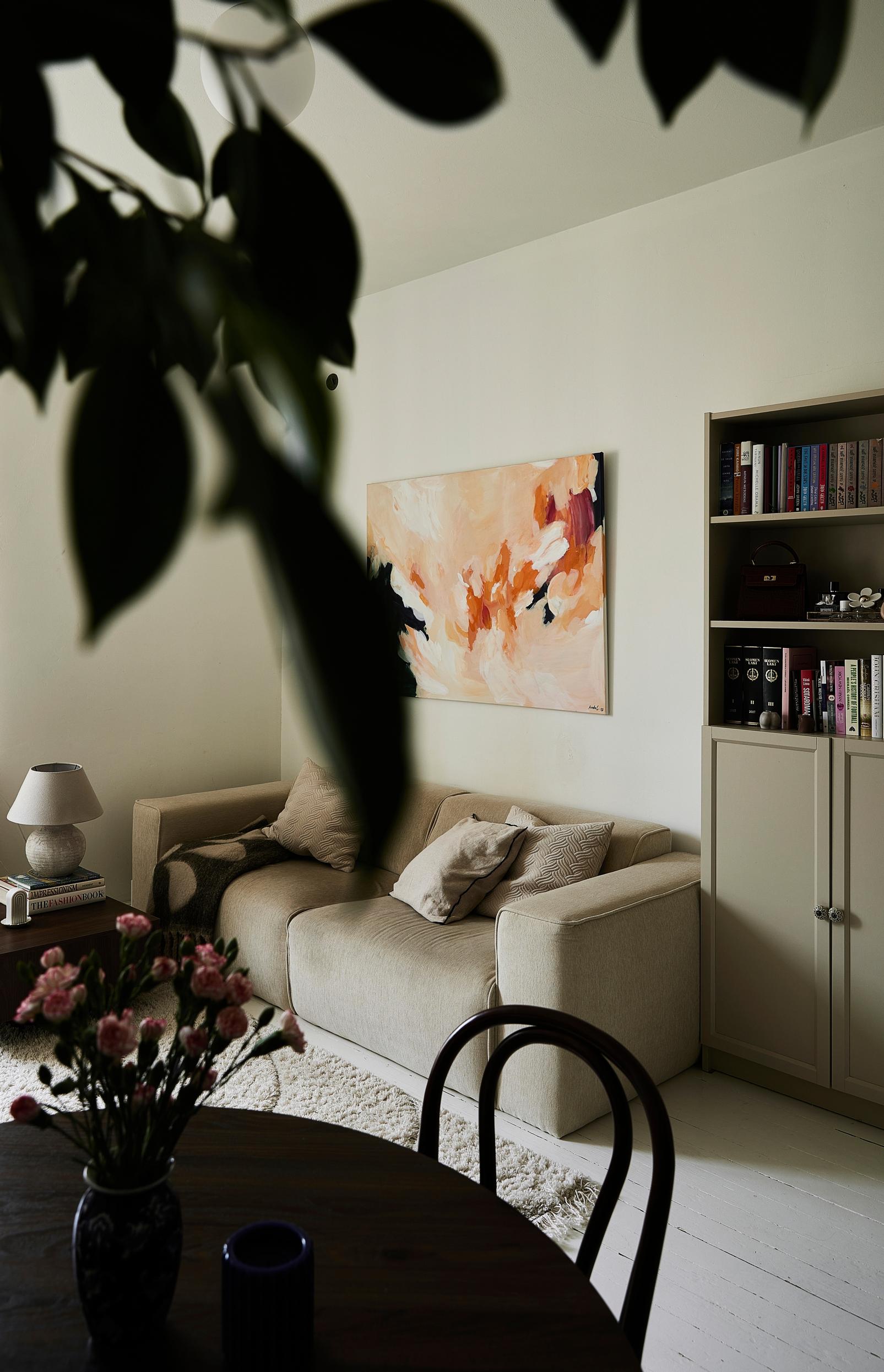 Living room with a beige sofa