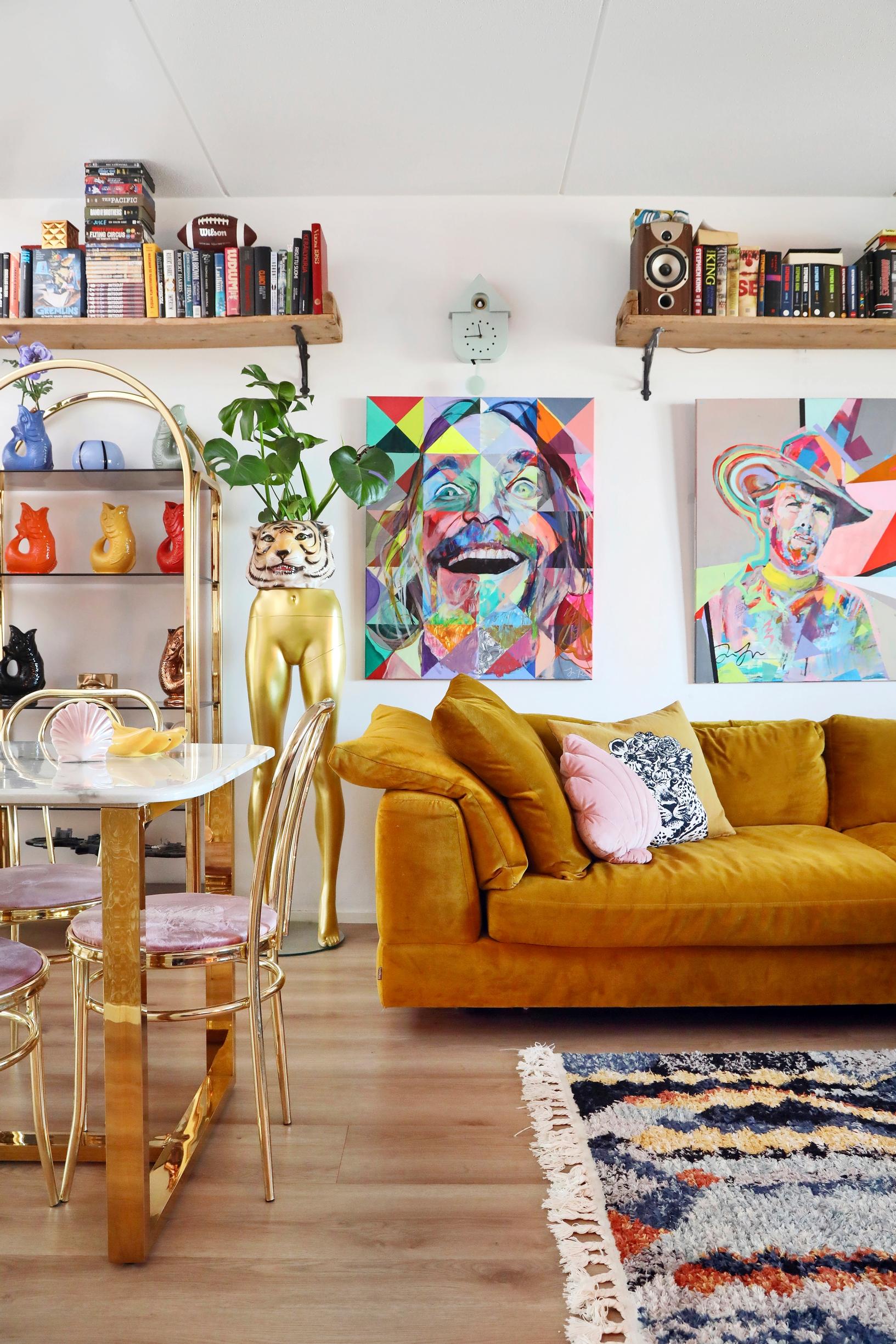Living room with colorful art