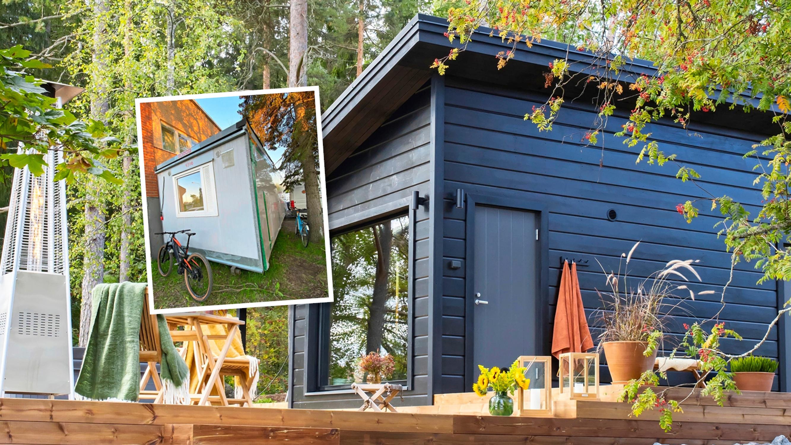 Could you believe this modern sauna cottage was once a shipping container and temporary school facility?