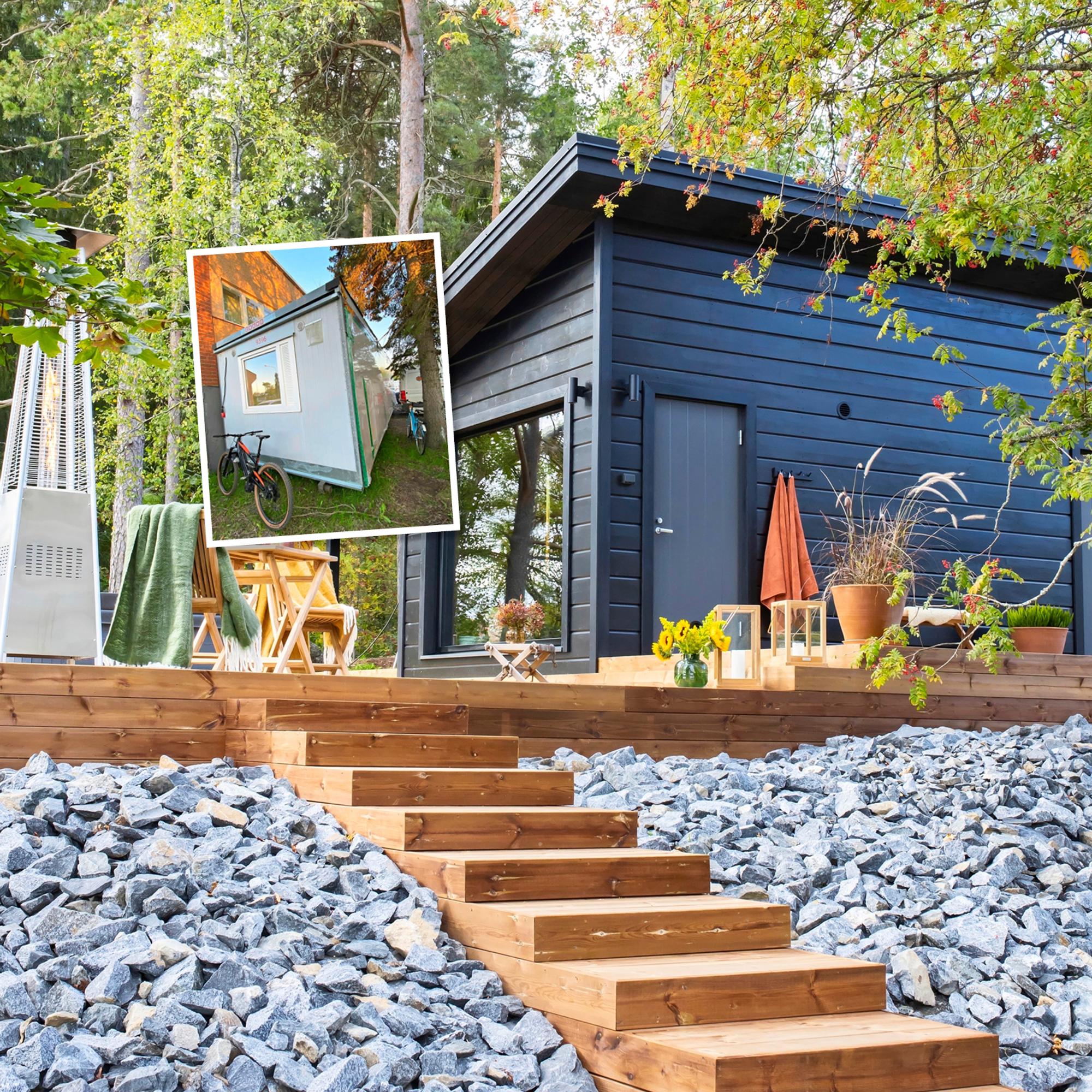 Could you believe this modern sauna cottage was once a shipping container and temporary school facility?