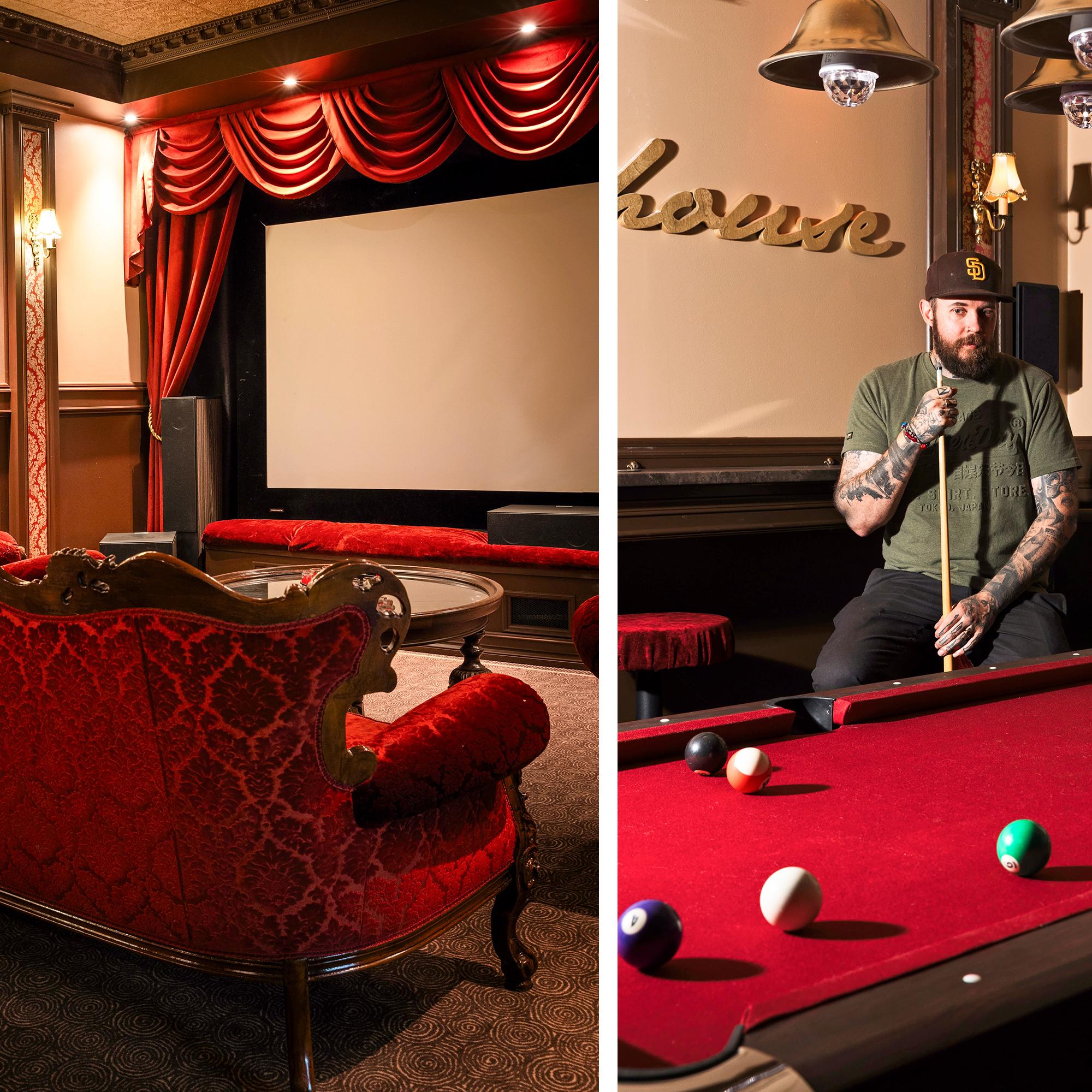 Garage turned into a red velvet and gold-saturated entertainment center! Mikko and Annastina’s home movie theater is a dream come true