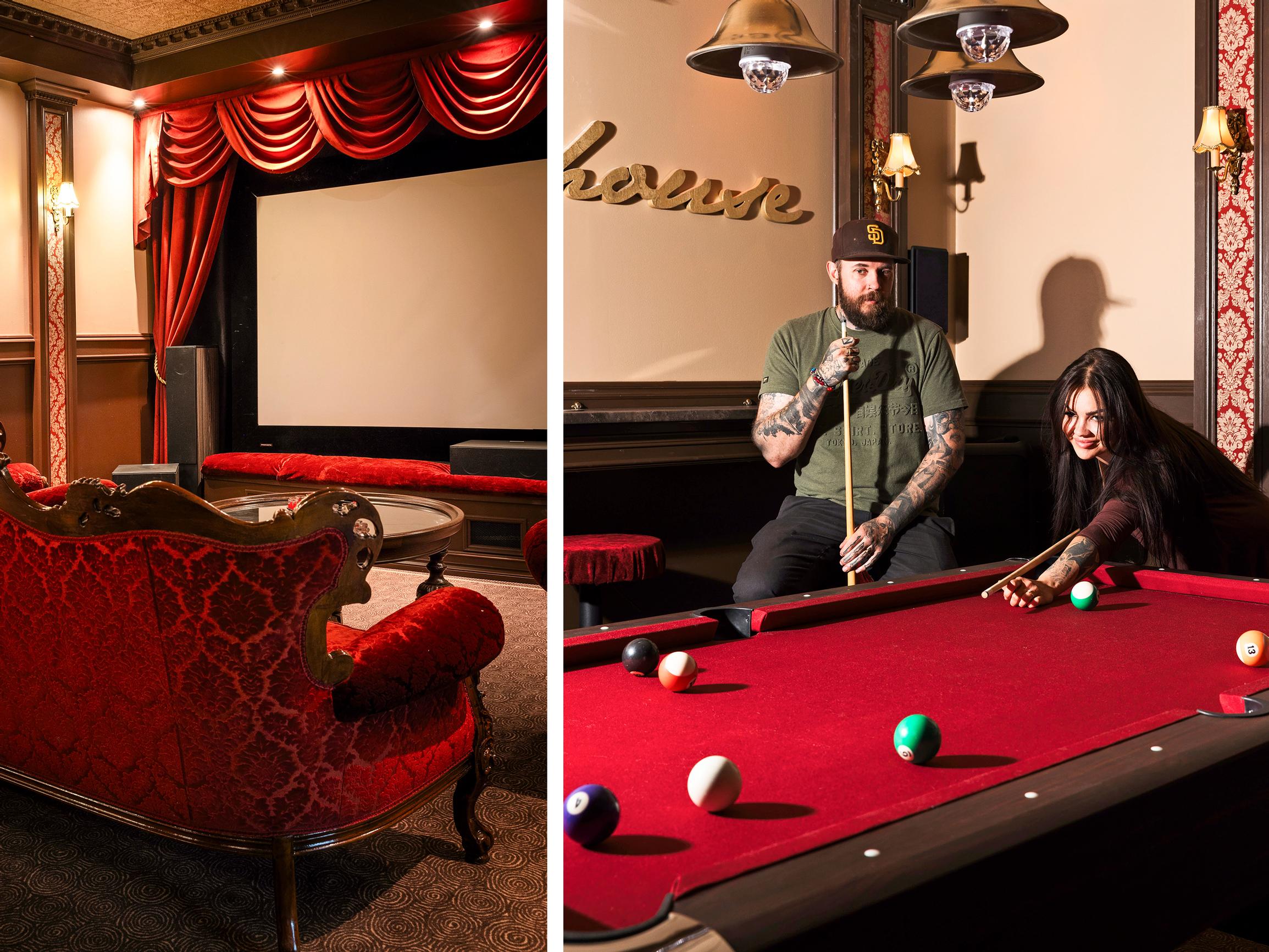 Garage turned into a red velvet and gold-saturated entertainment center! Mikko and Annastina’s home movie theater is a dream come true