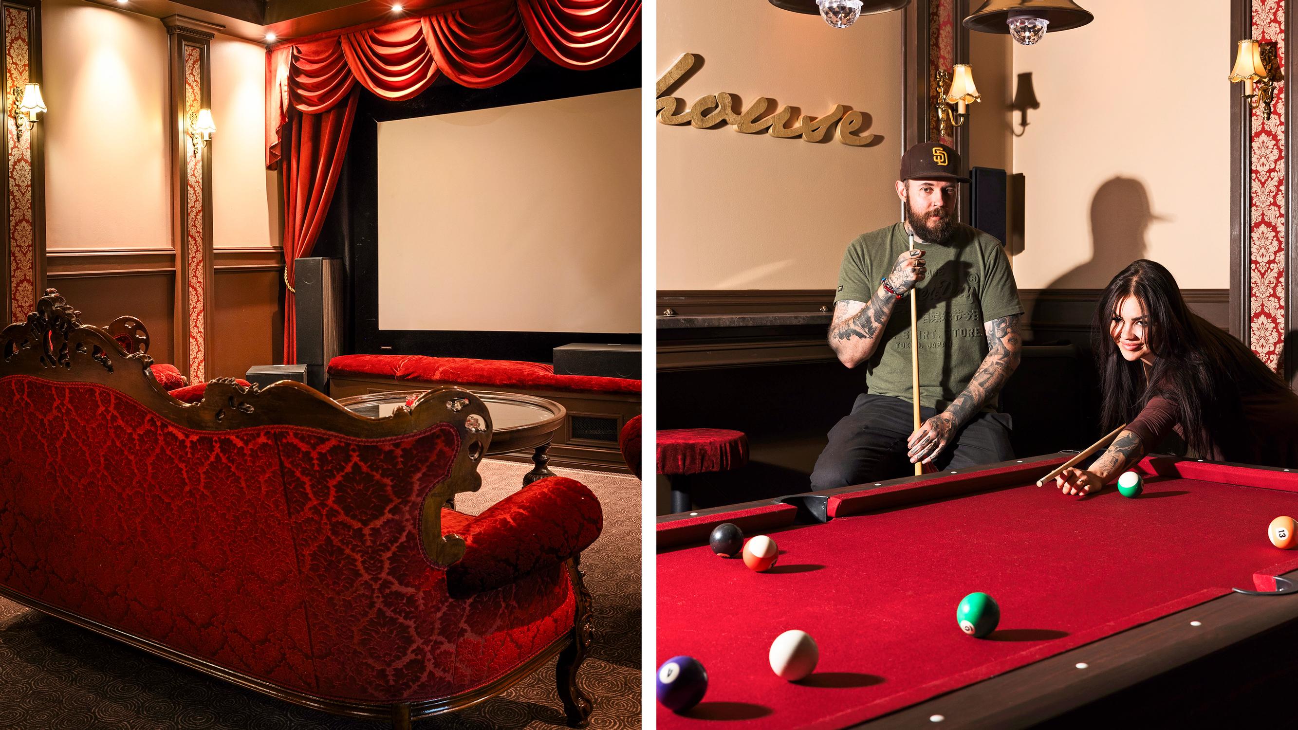 Garage turned into a red velvet and gold-saturated entertainment center! Mikko and Annastina’s home movie theater is a dream come true