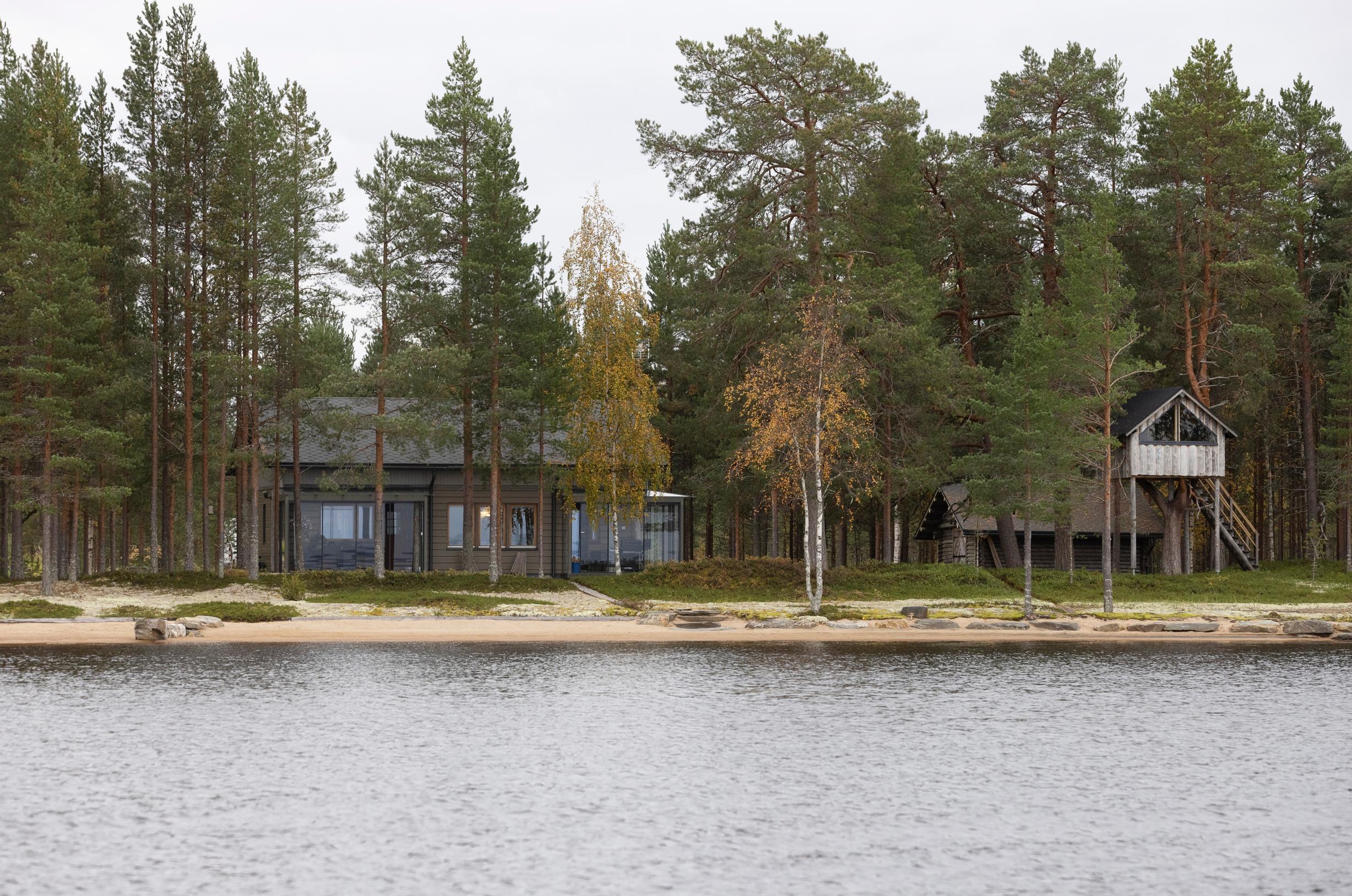 A dark cabin, another building, and a treehouse on pillars seen from the lake, with forest in the background