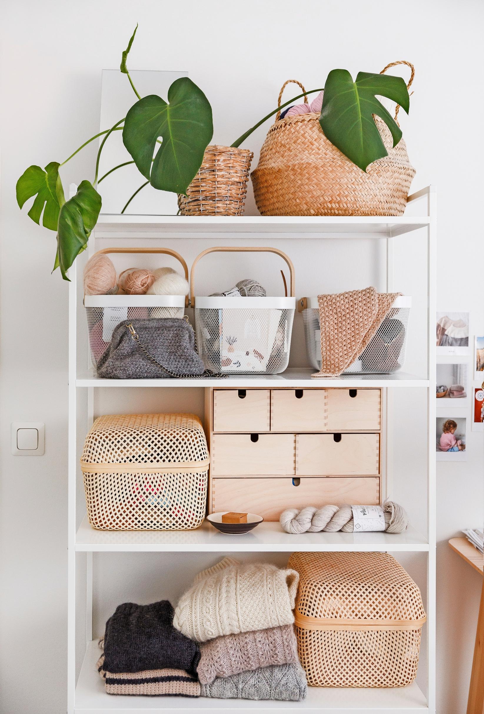 The craft supply shelf of Anjuknits knitwear designer Anna Tanskanen.