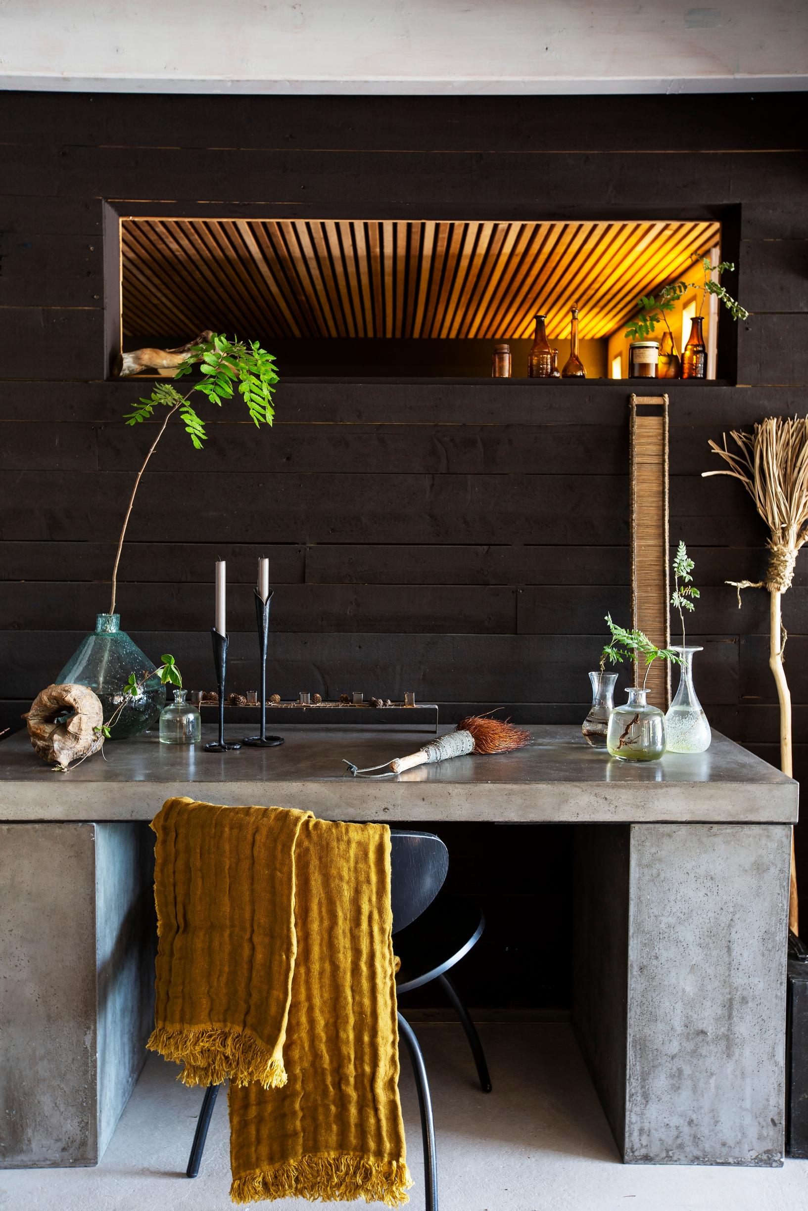 Rustic items on a concrete table.