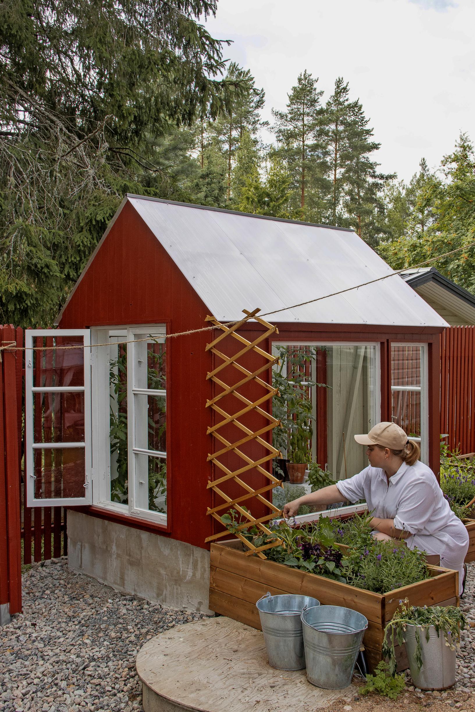 Photo of a woman by the greenhouse next to a planting box.