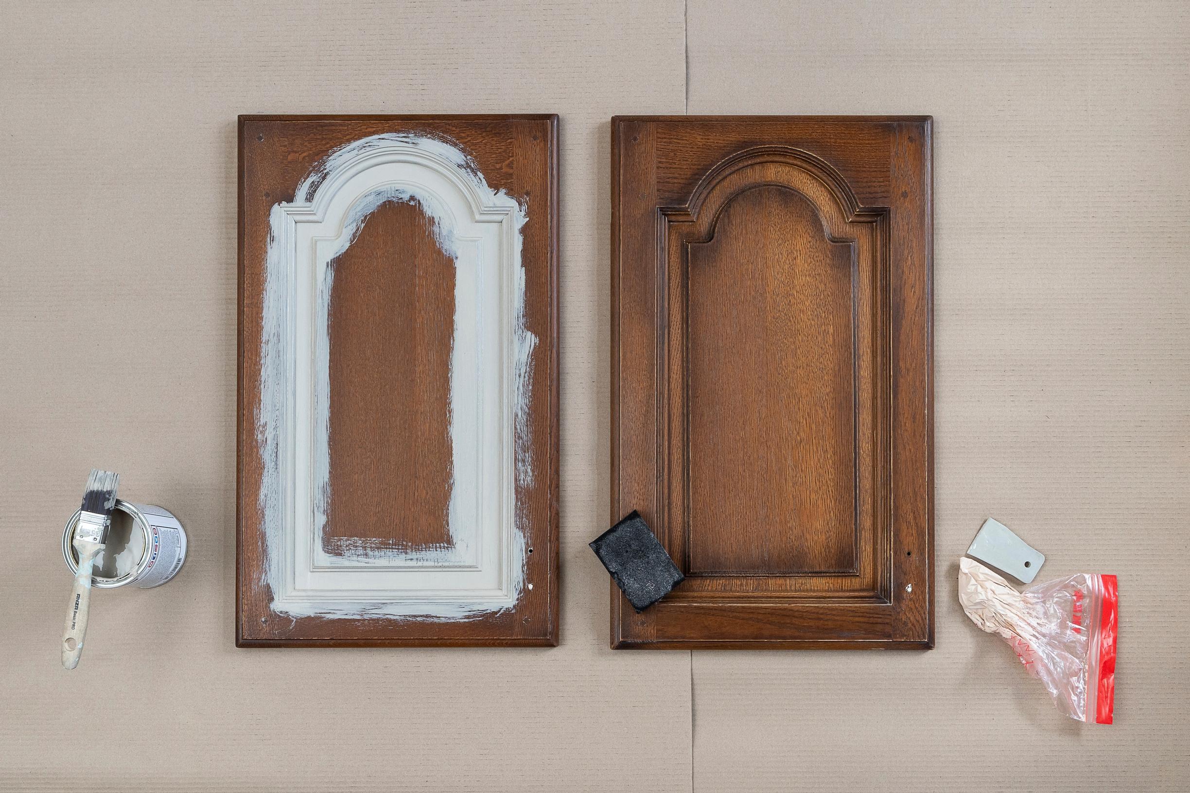 Step-by-step photo of finishing the kitchen cabinet doors.