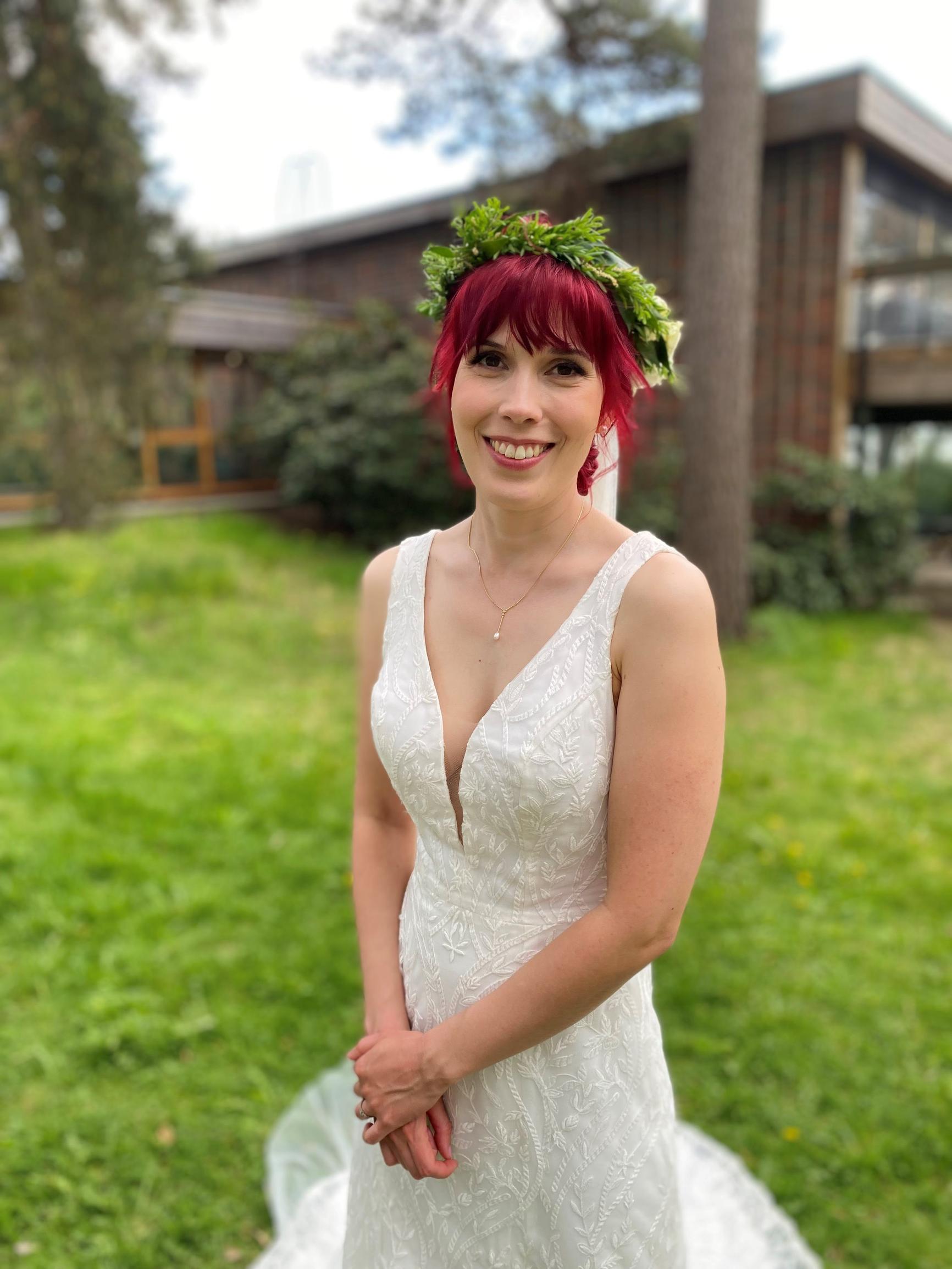 Emma, the bride, in her lace gown.