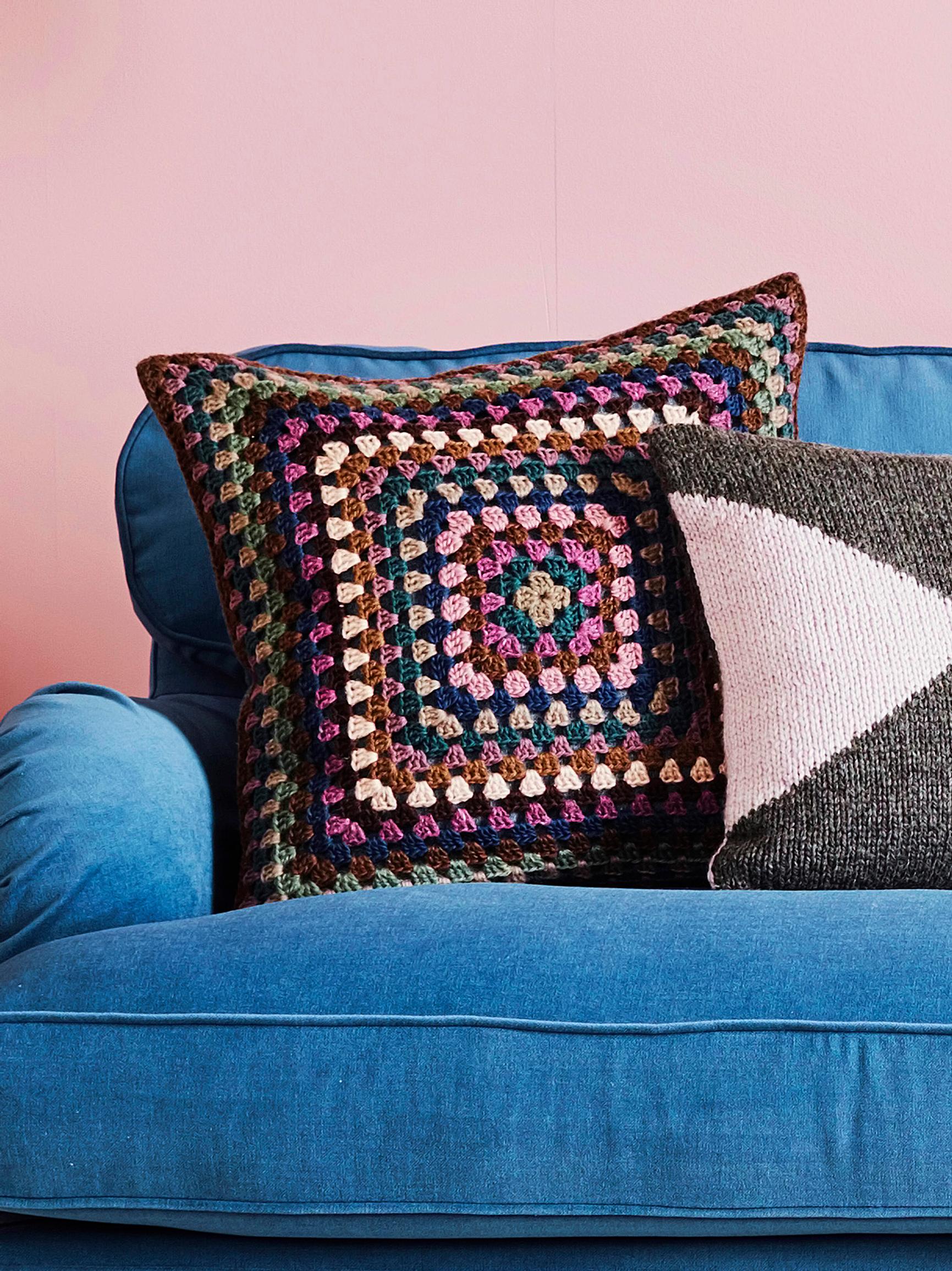 Granny square pillow—crochet a giant granny square from leftover yarn and sew it onto a ready-made pillow cover