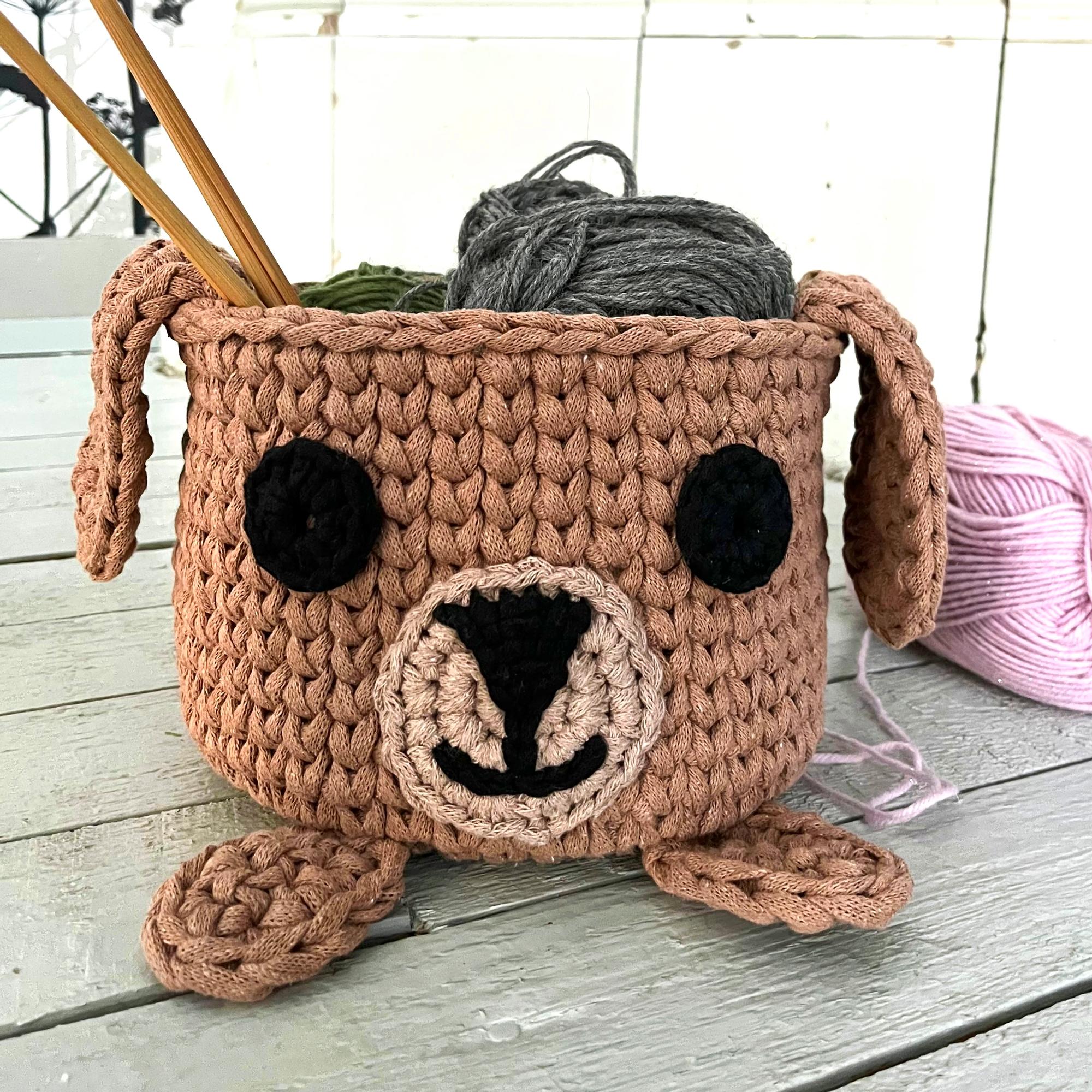 Crochet this adorable dog basket and store your small items in style—check out the pattern with easy stitches