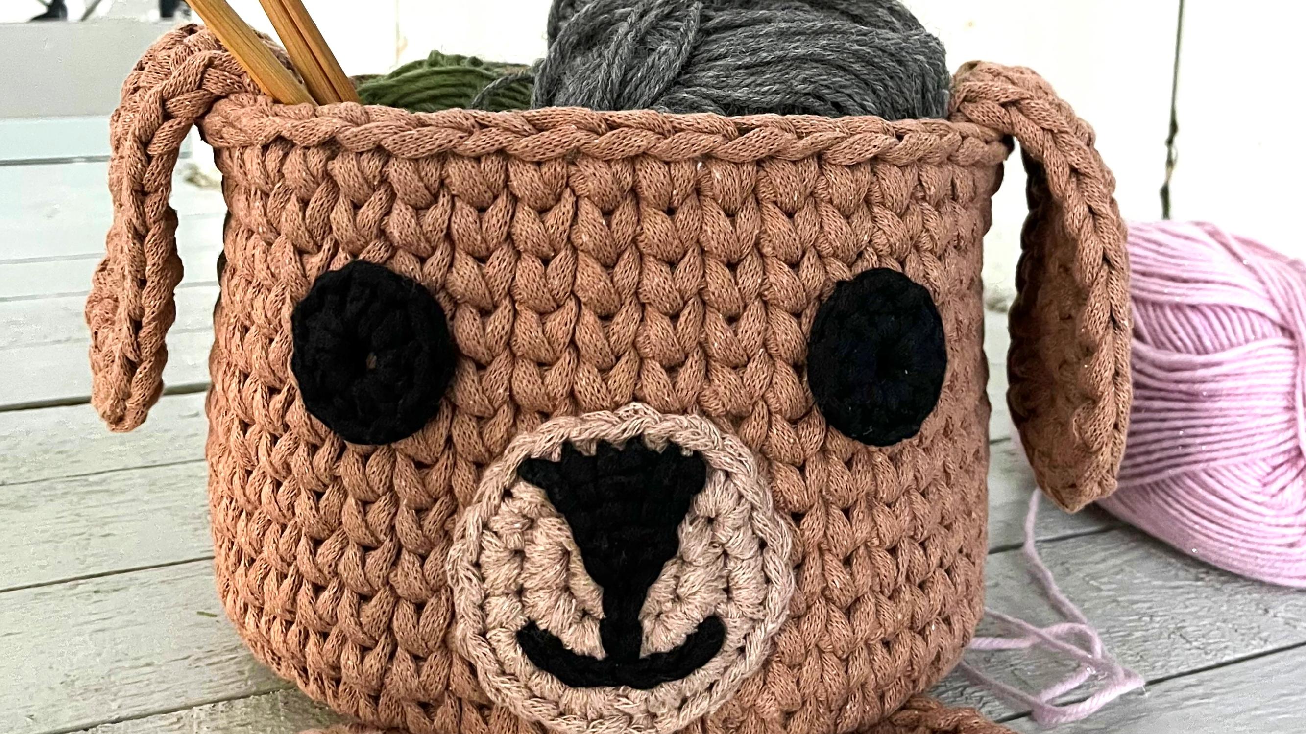 Crochet this adorable dog basket and store your small items in style—check out the pattern with easy stitches