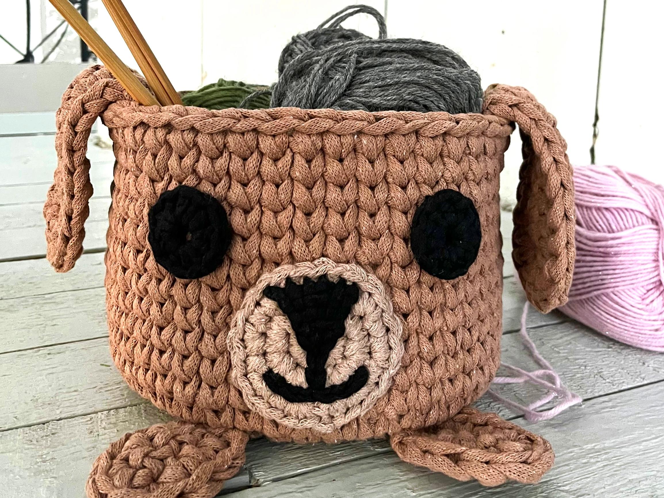 Crochet this adorable dog basket and store your small items in style—check out the pattern with easy stitches