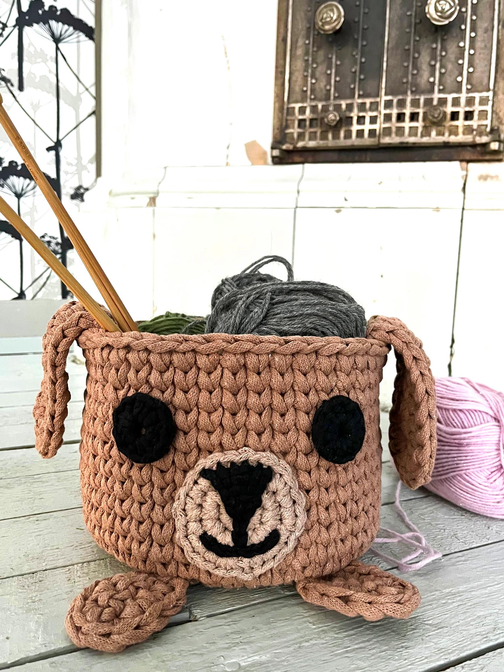 Crochet this adorable dog basket and store your small items in style—check out the pattern with easy stitches