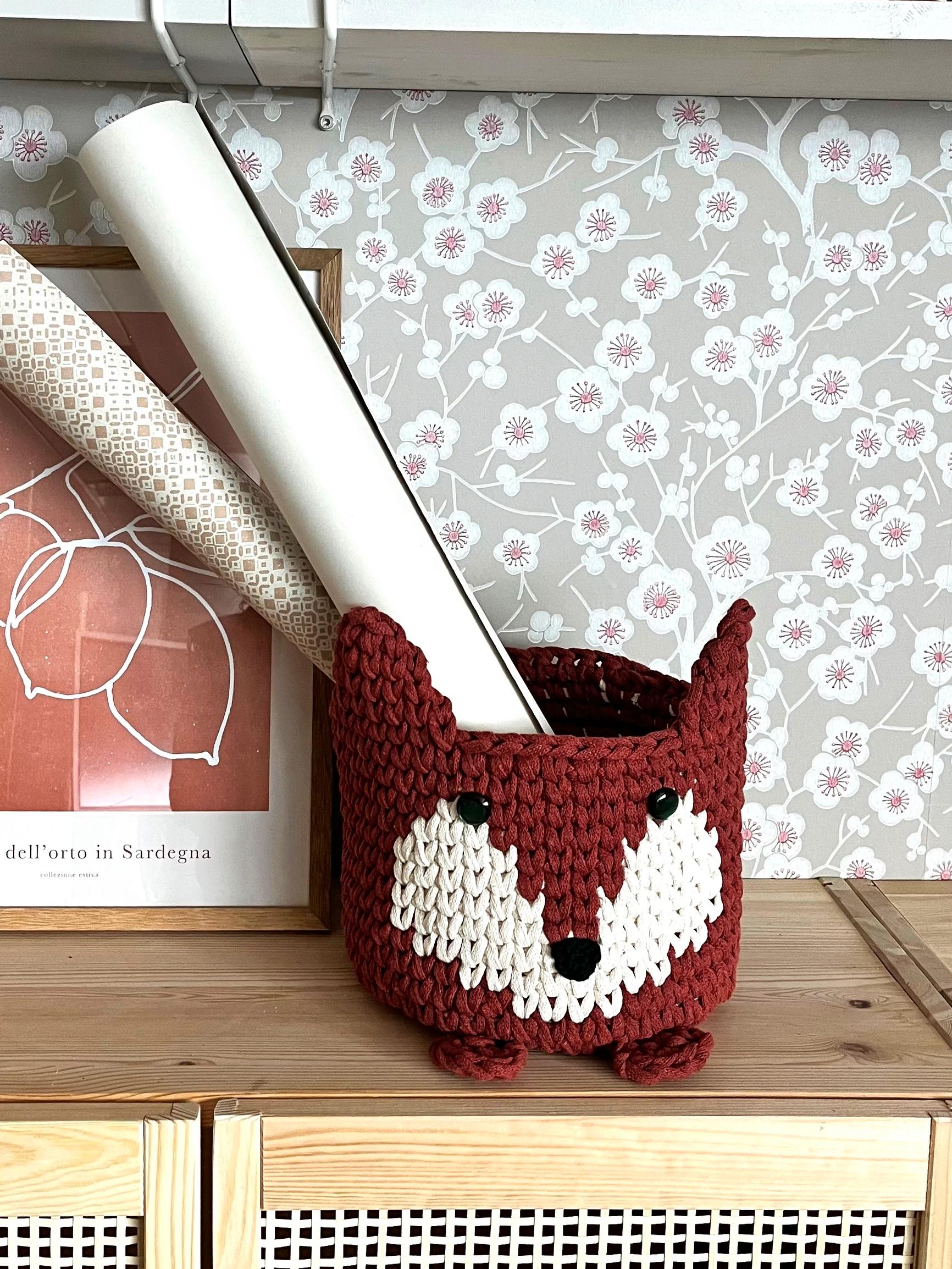 This playful fox basket will delight the whole family—the knit-style basket is worked in tapestry crochet