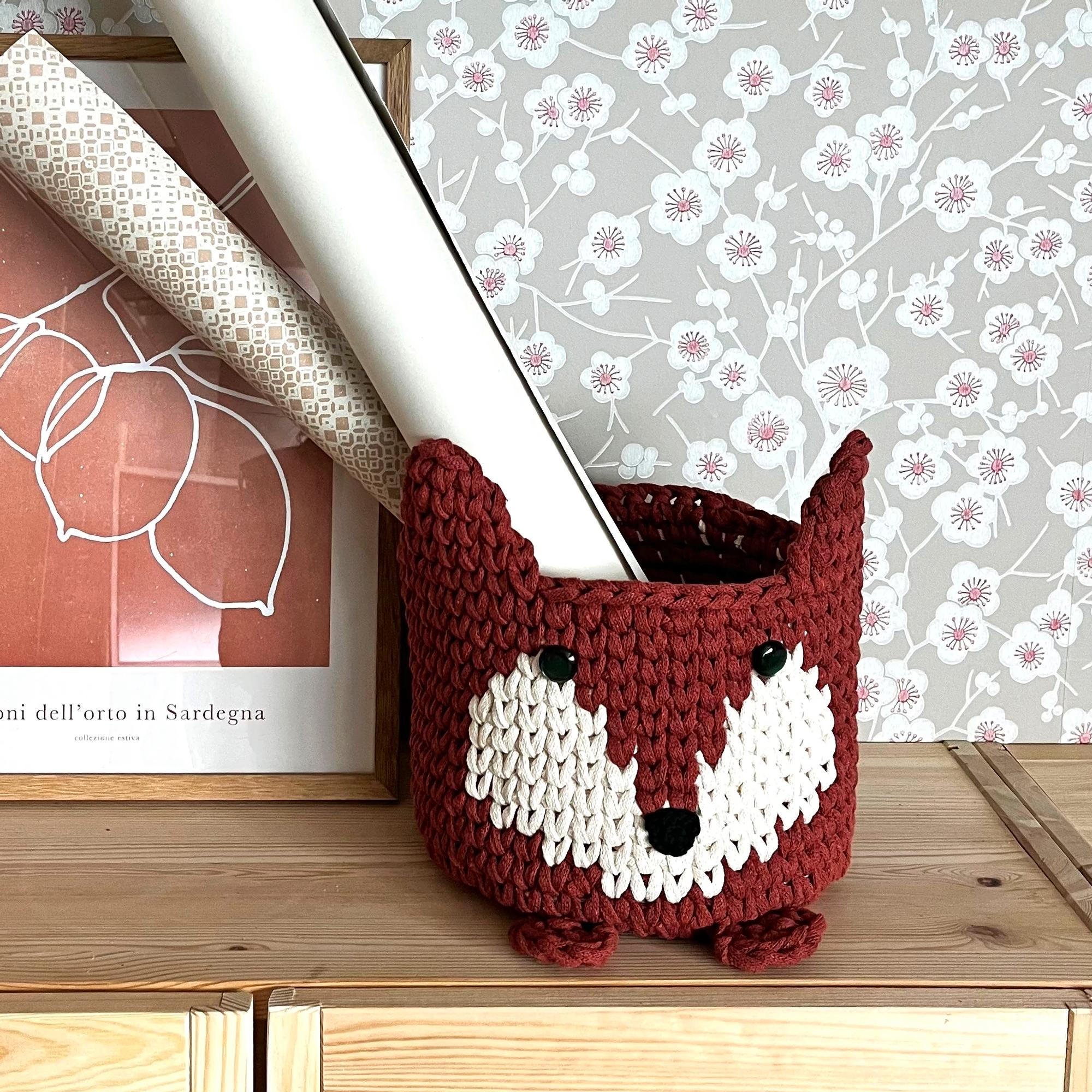 This playful fox basket will delight the whole family—the knit-style basket is worked in tapestry crochet