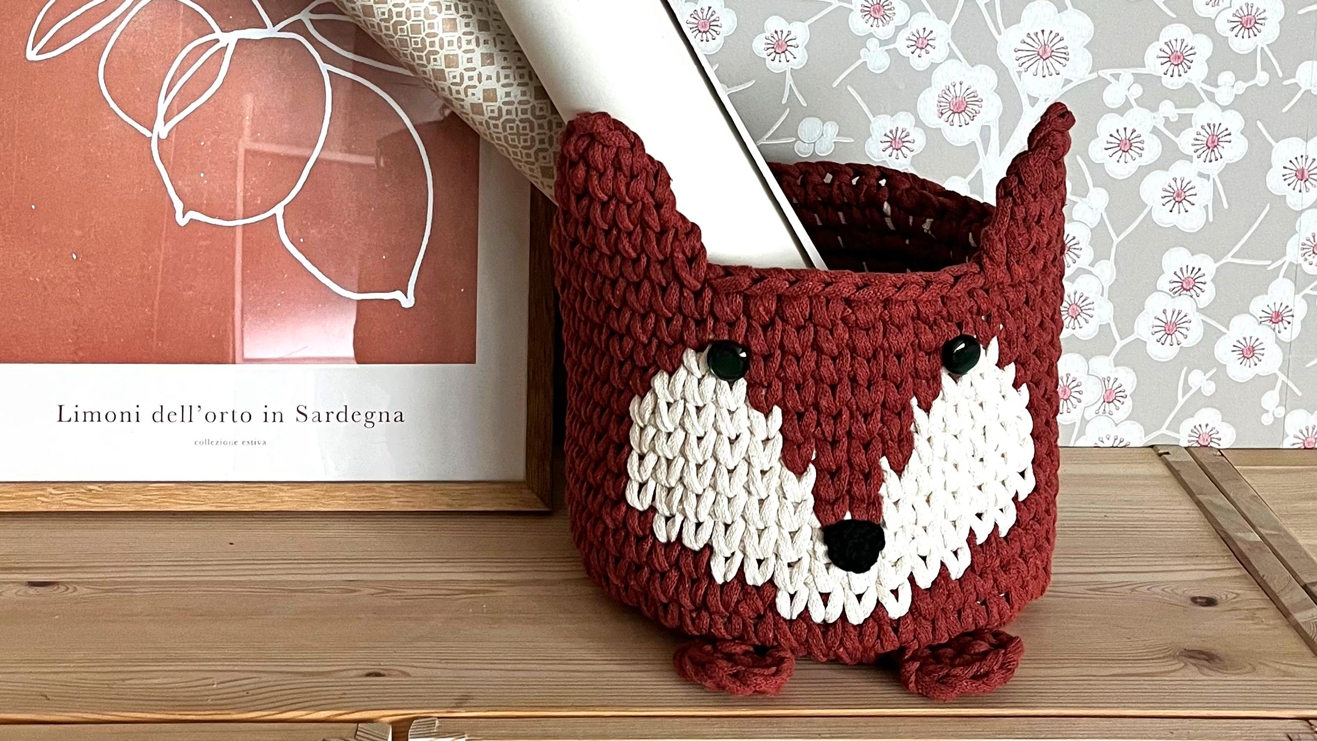 This playful fox basket will delight the whole family—the knit-style basket is worked in tapestry crochet