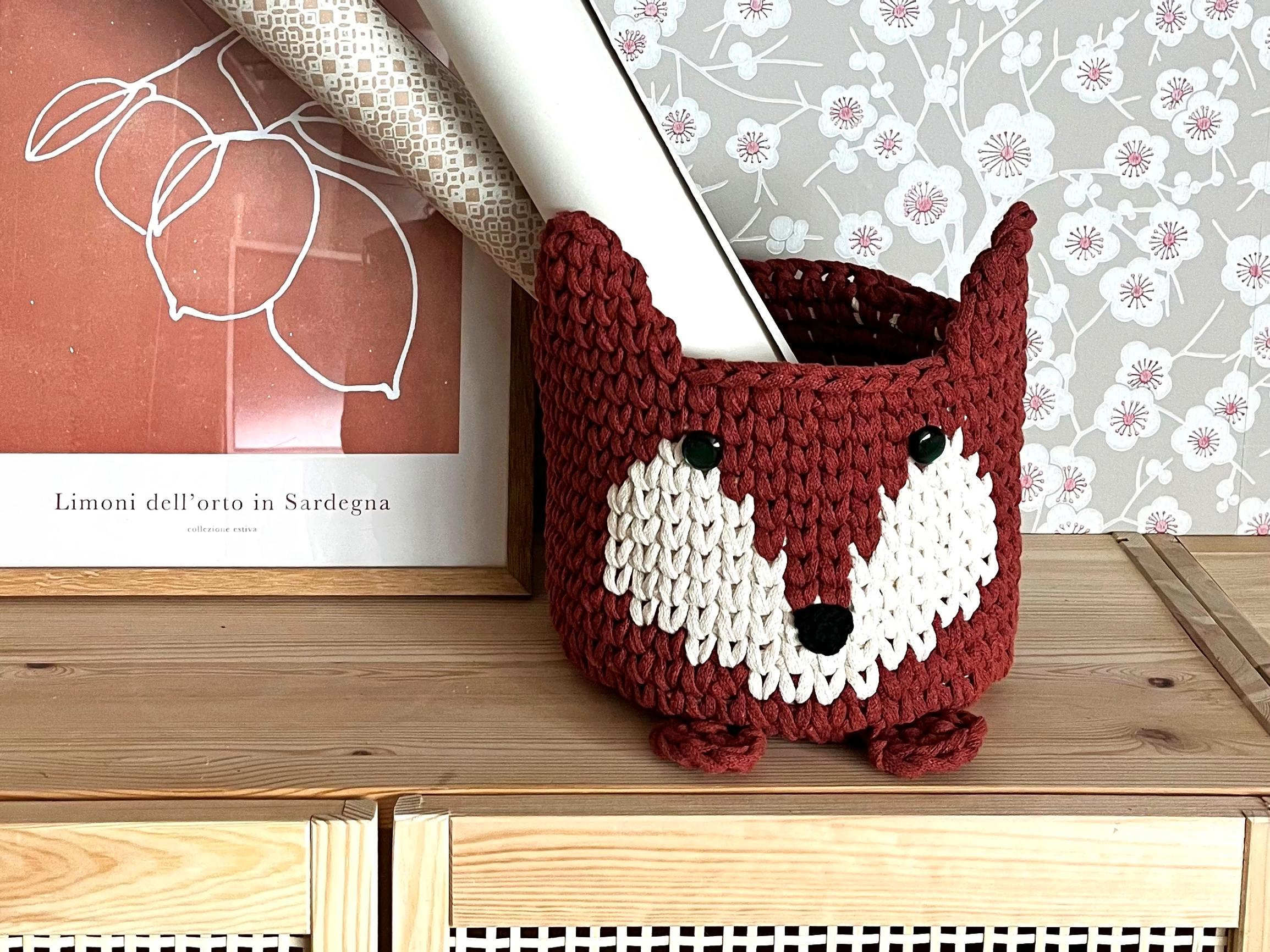 This playful fox basket will delight the whole family—the knit-style basket is worked in tapestry crochet