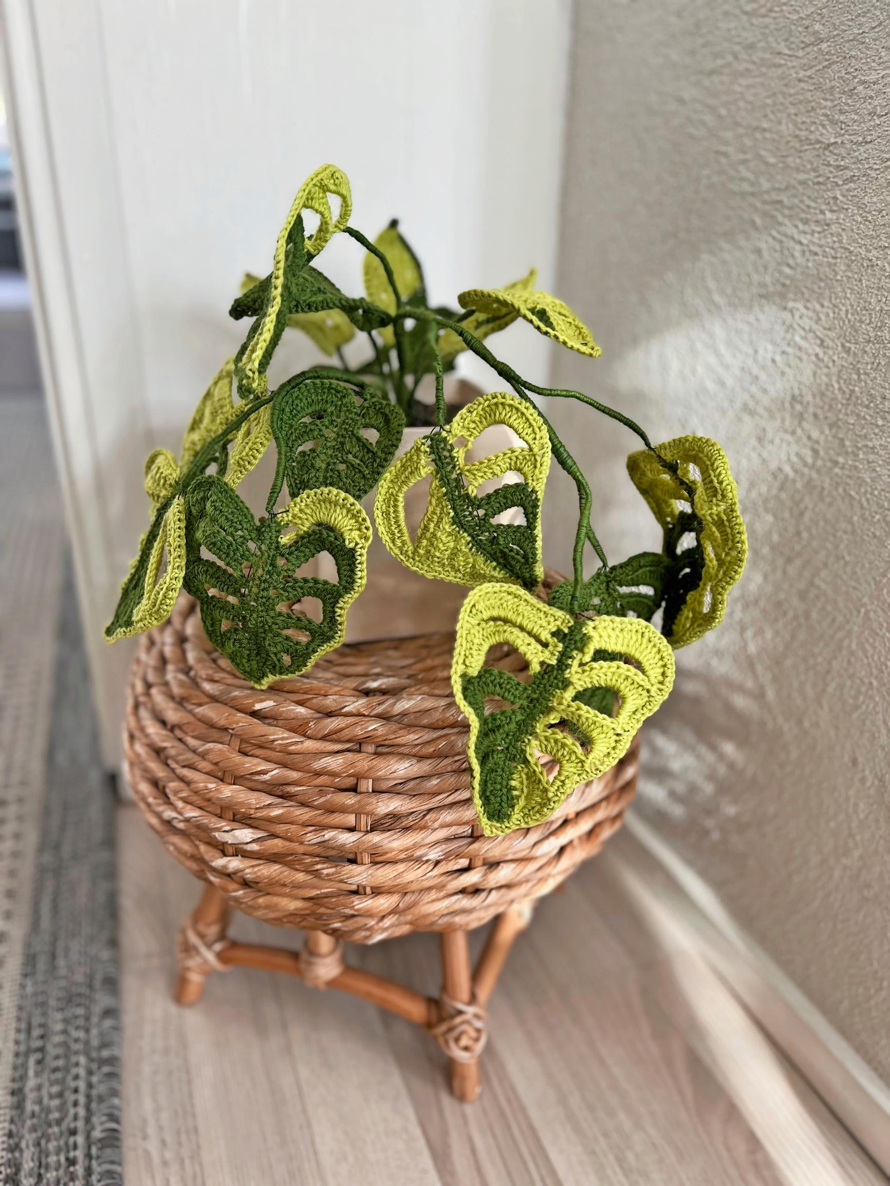 A crocheted monstera leaf is pictured.