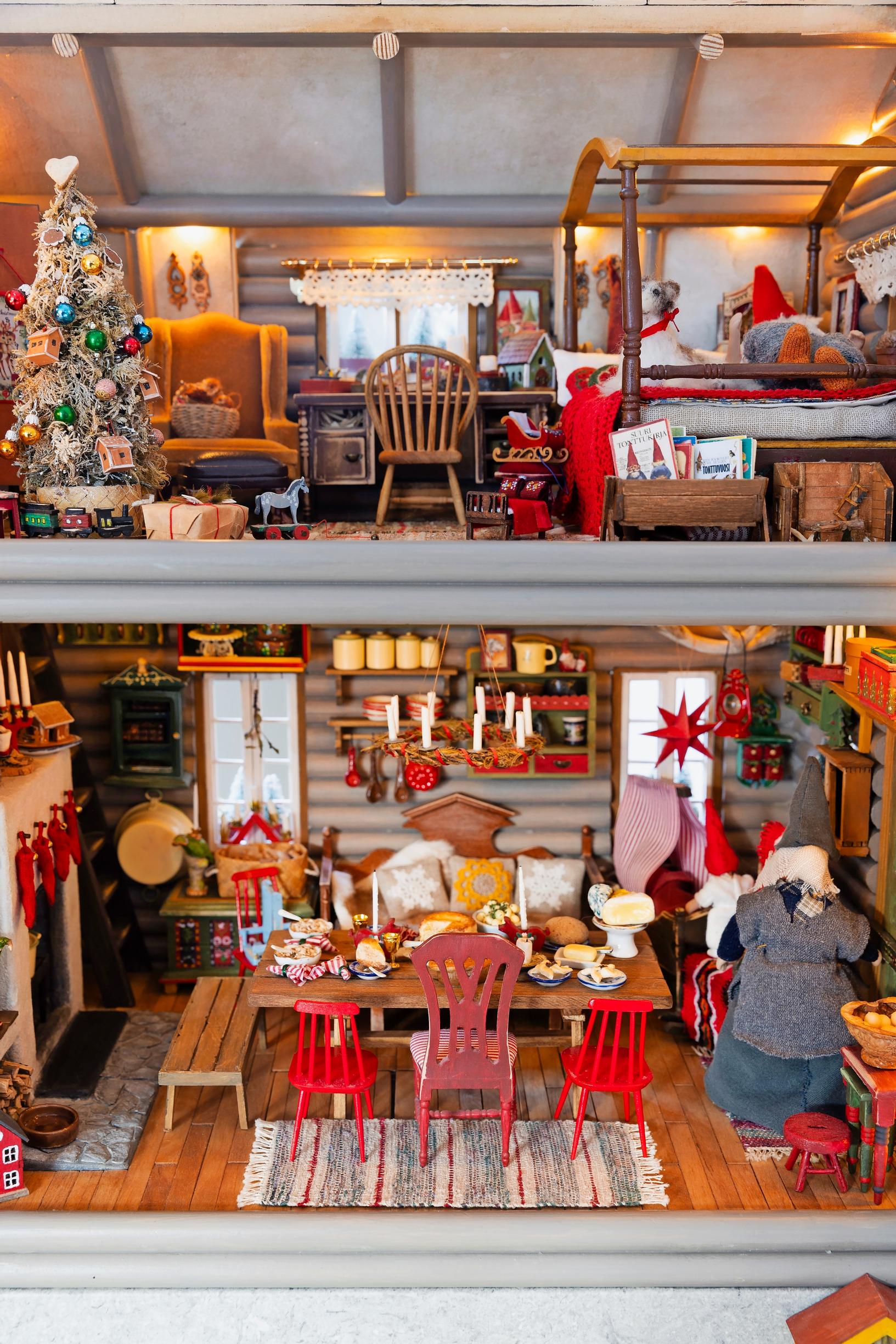The interior of the elf cottage, featuring wood and red accents.