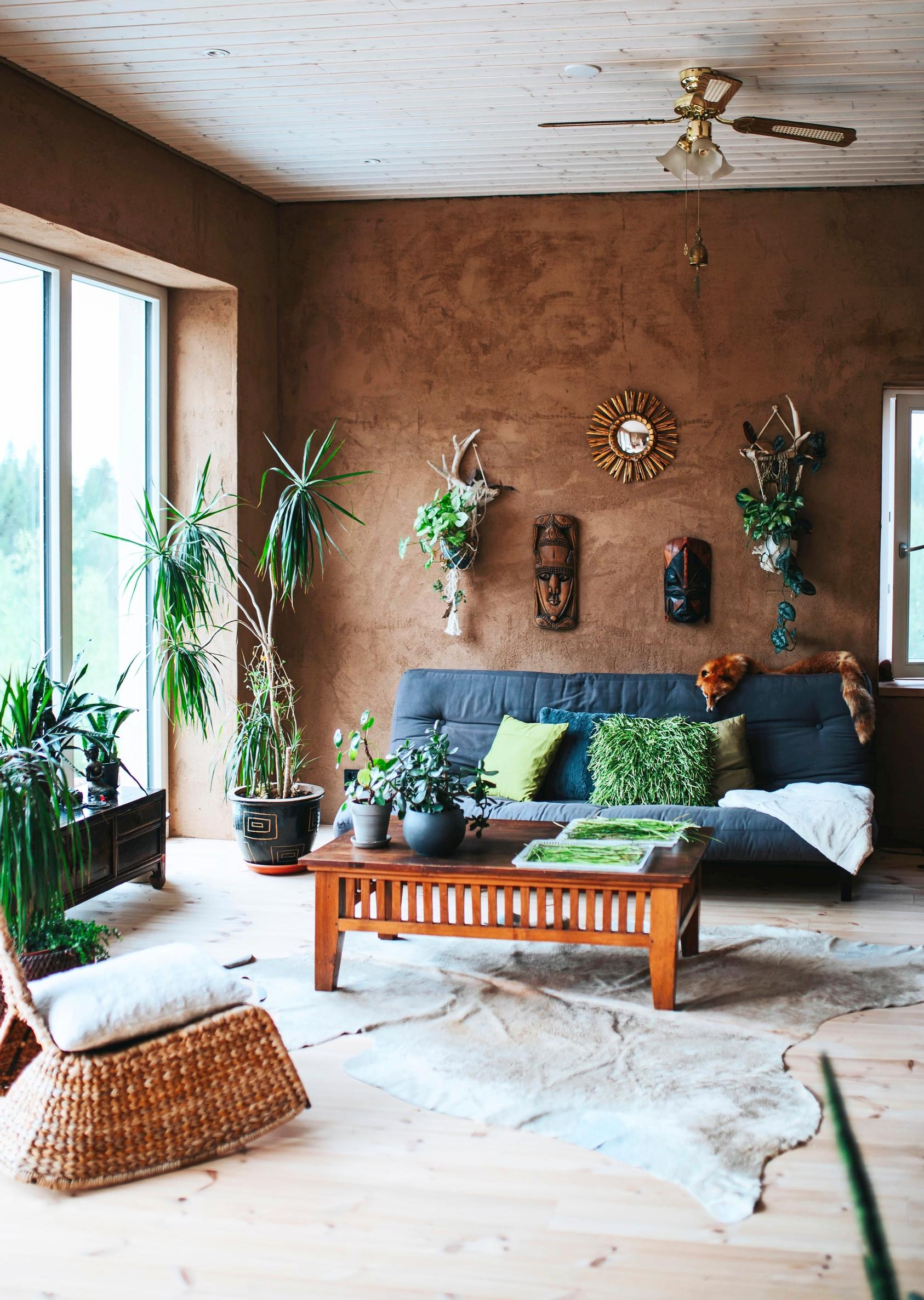 Clay-plastered living room wall