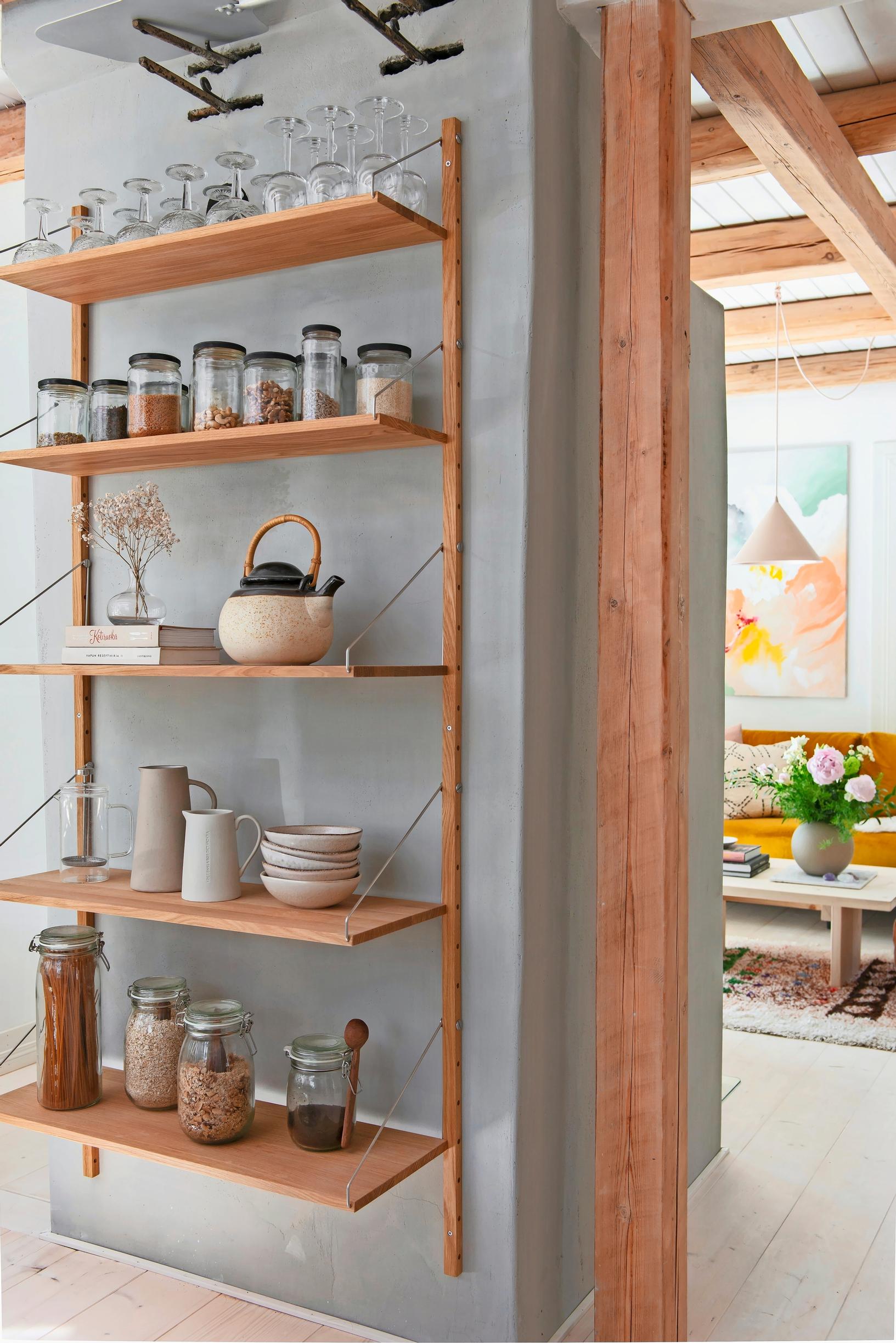Modern, airy open shelving for dishes
