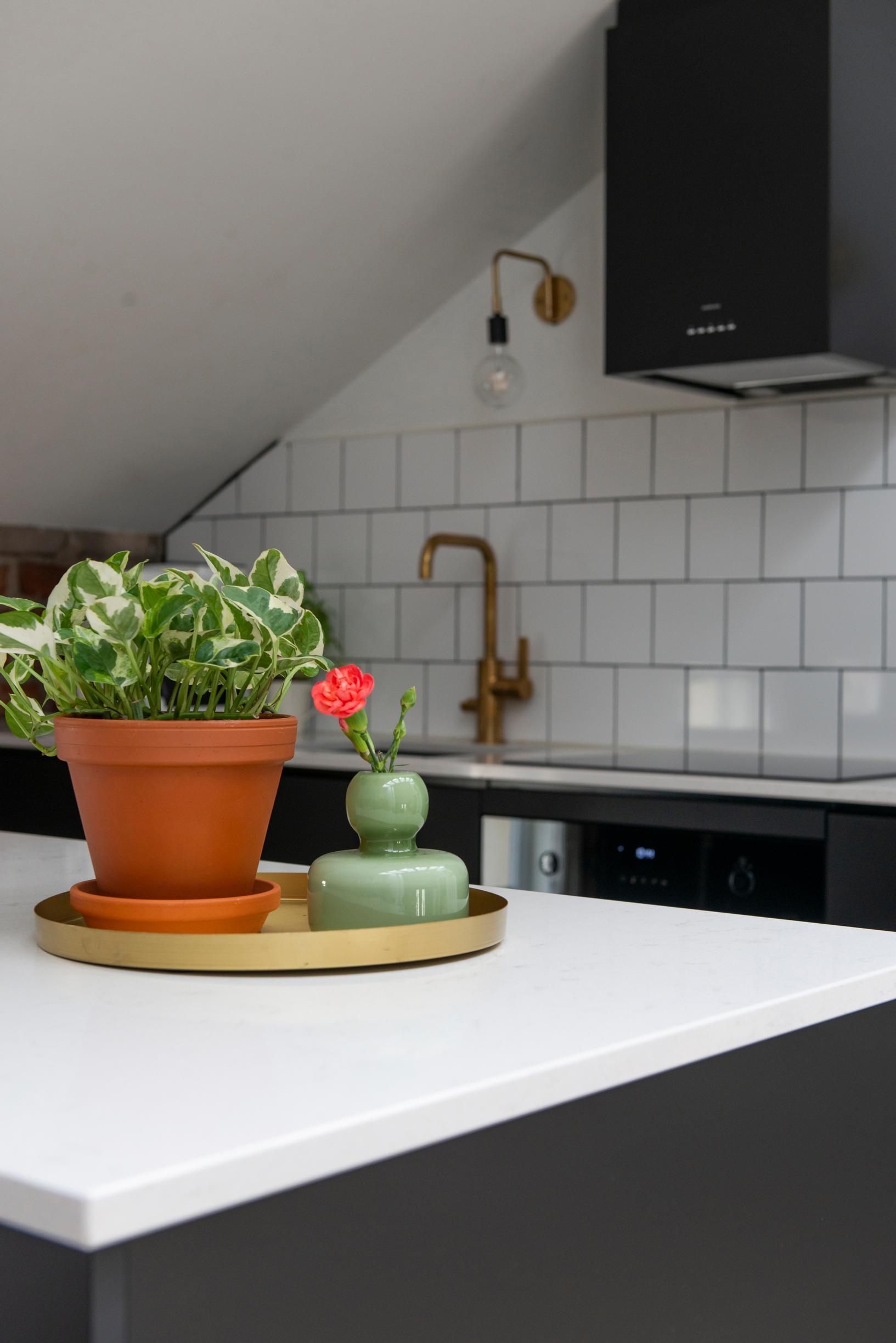 Photo of a white kitchen countertop.