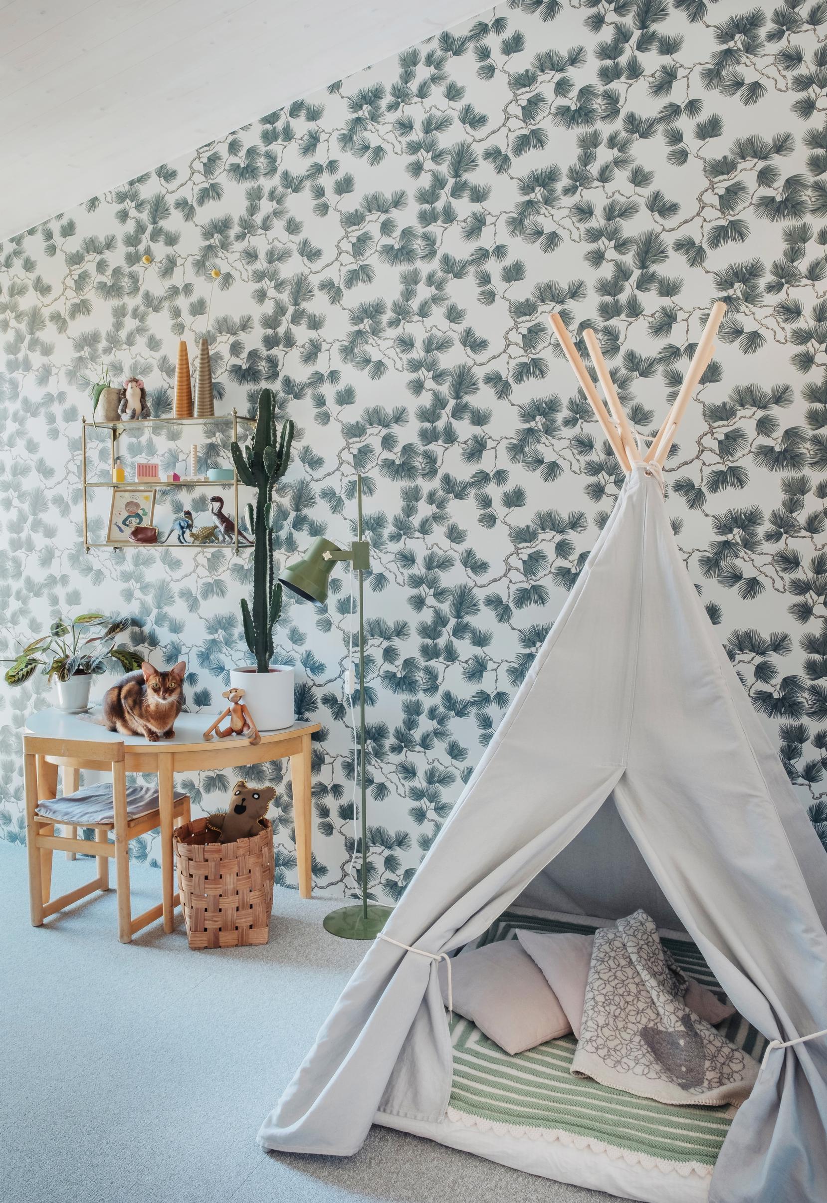 The children’s room teepee and Sandberg’s Pine wallpaper