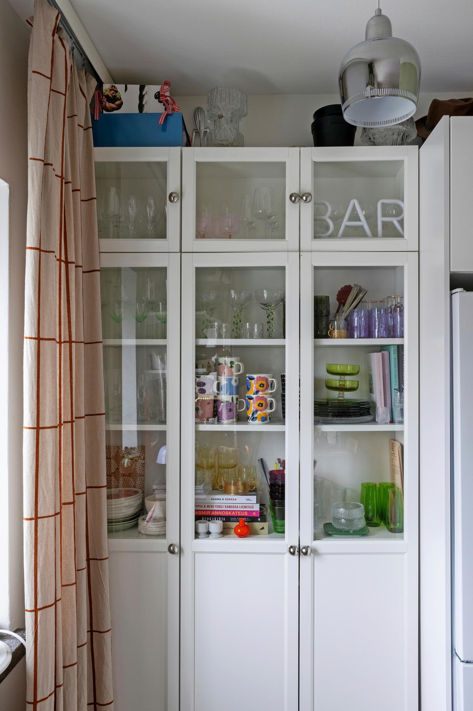 Dishes in an IKEA Billy display cabinet