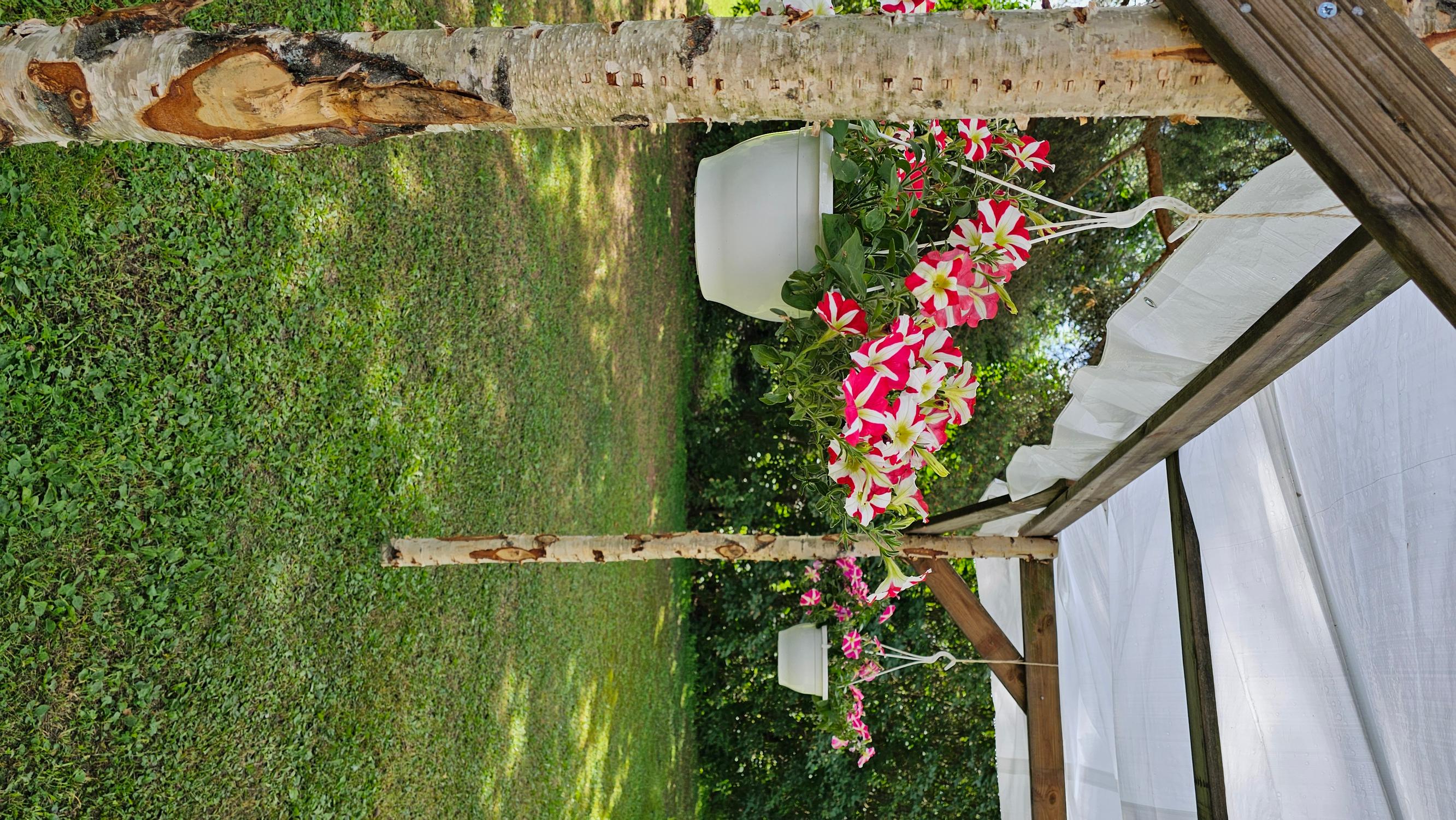 A DIY pavilion with hanging flower baskets from the roof.