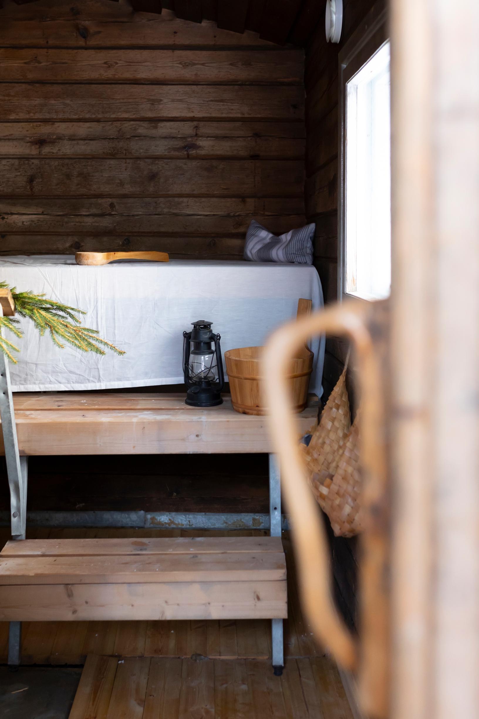 Sauna benches with a lantern
