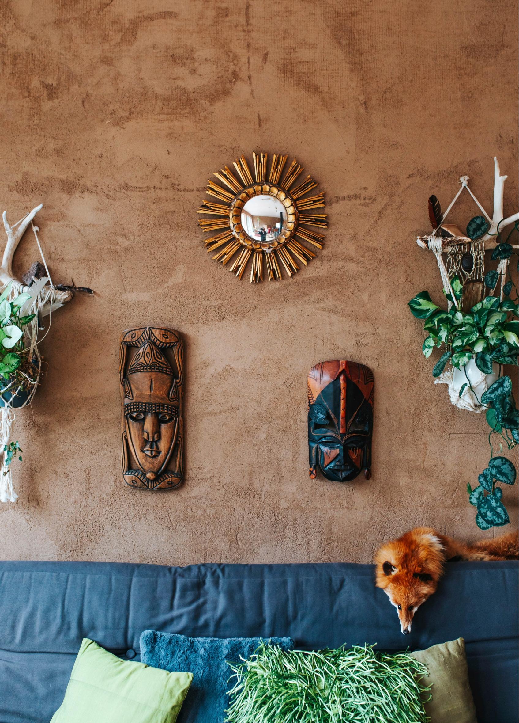 Decorative items on the living room wall