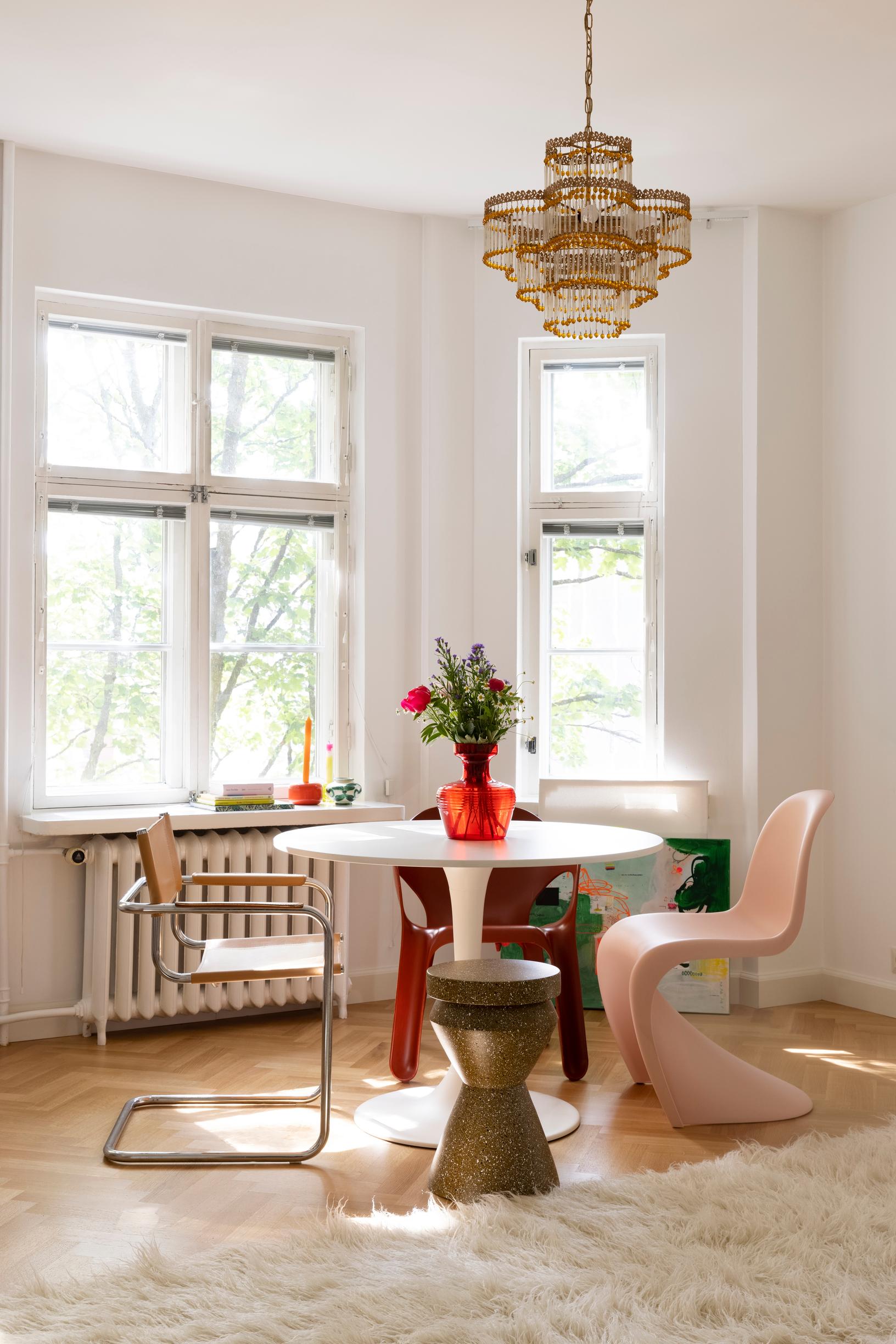 Panton, tubular steel, and other dining chairs