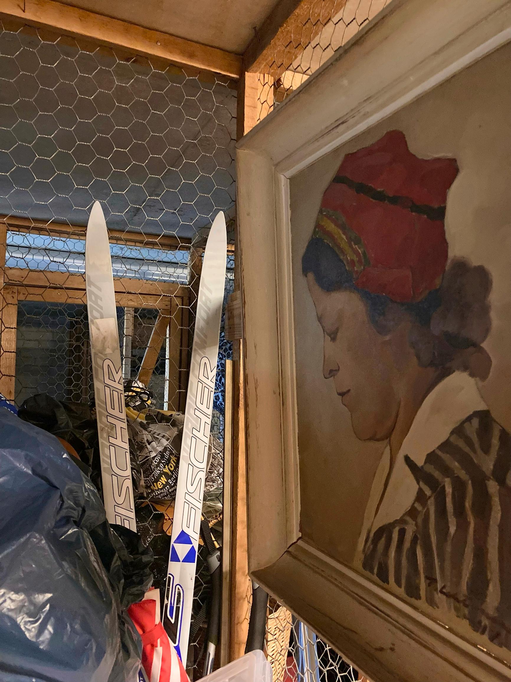 a storage locker showing skis, a painting, and a storage bag