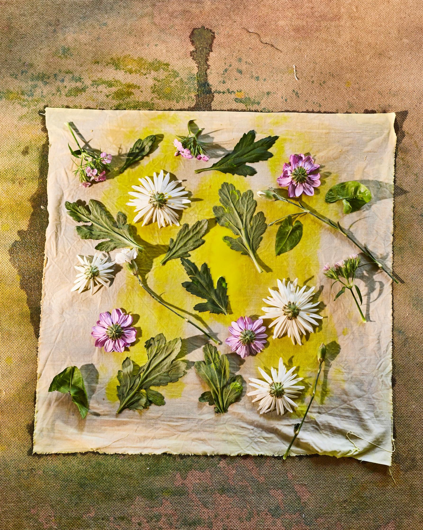 Pressing flowers and plants onto the wet fabric