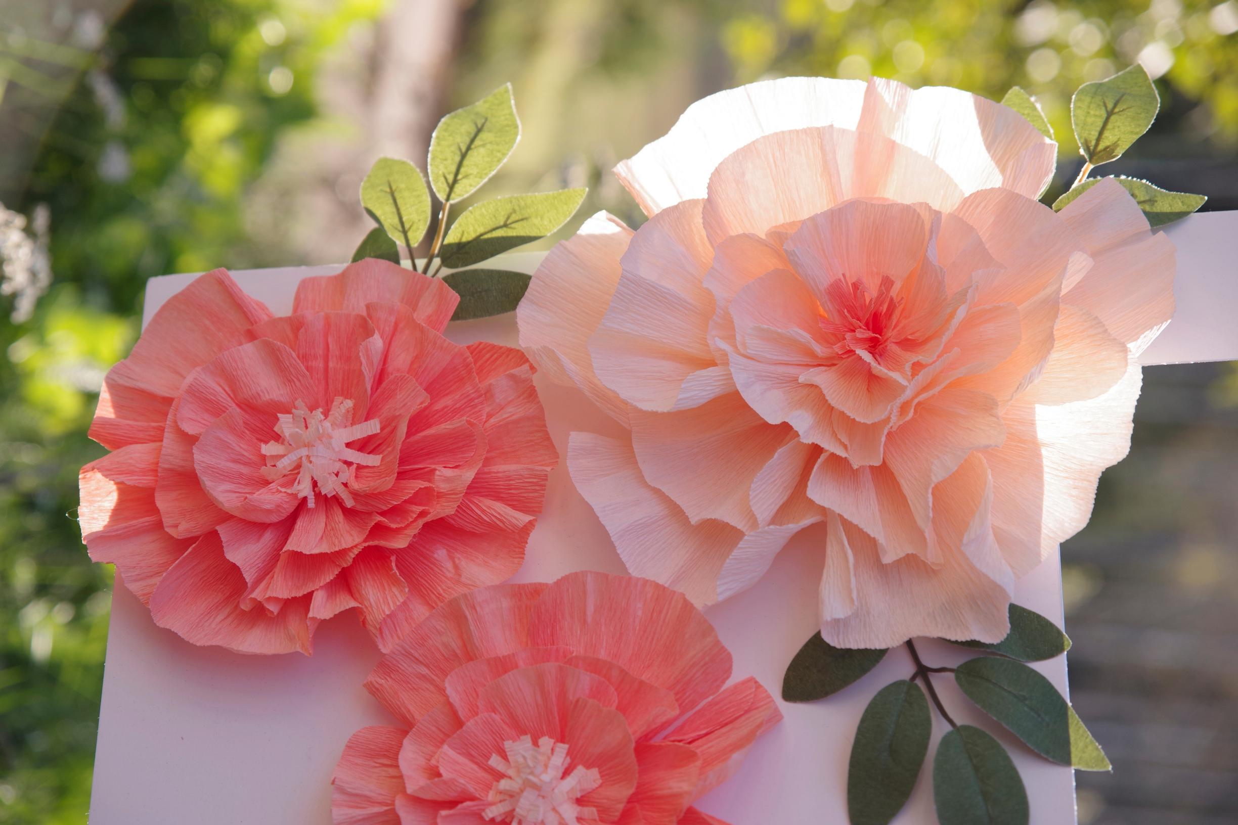 Close-up of crepe paper flowers.