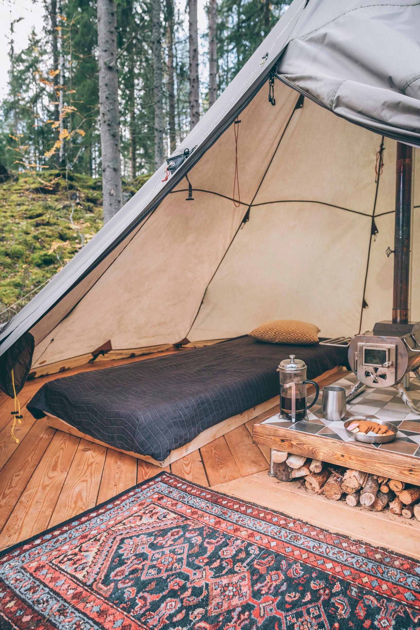 Moroccan-style rugs in the tent