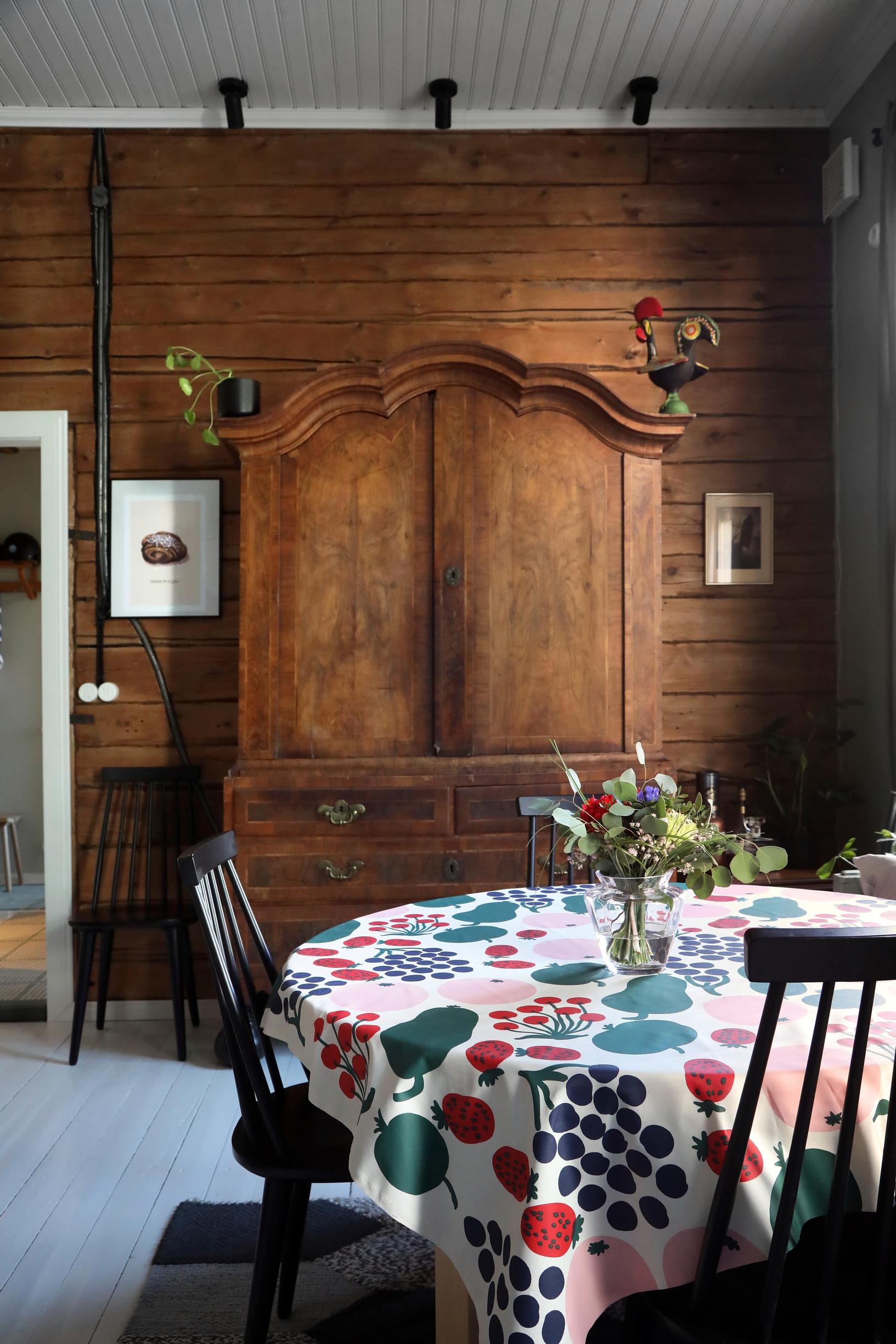 Old dish cabinet and Marimekko tablecloth