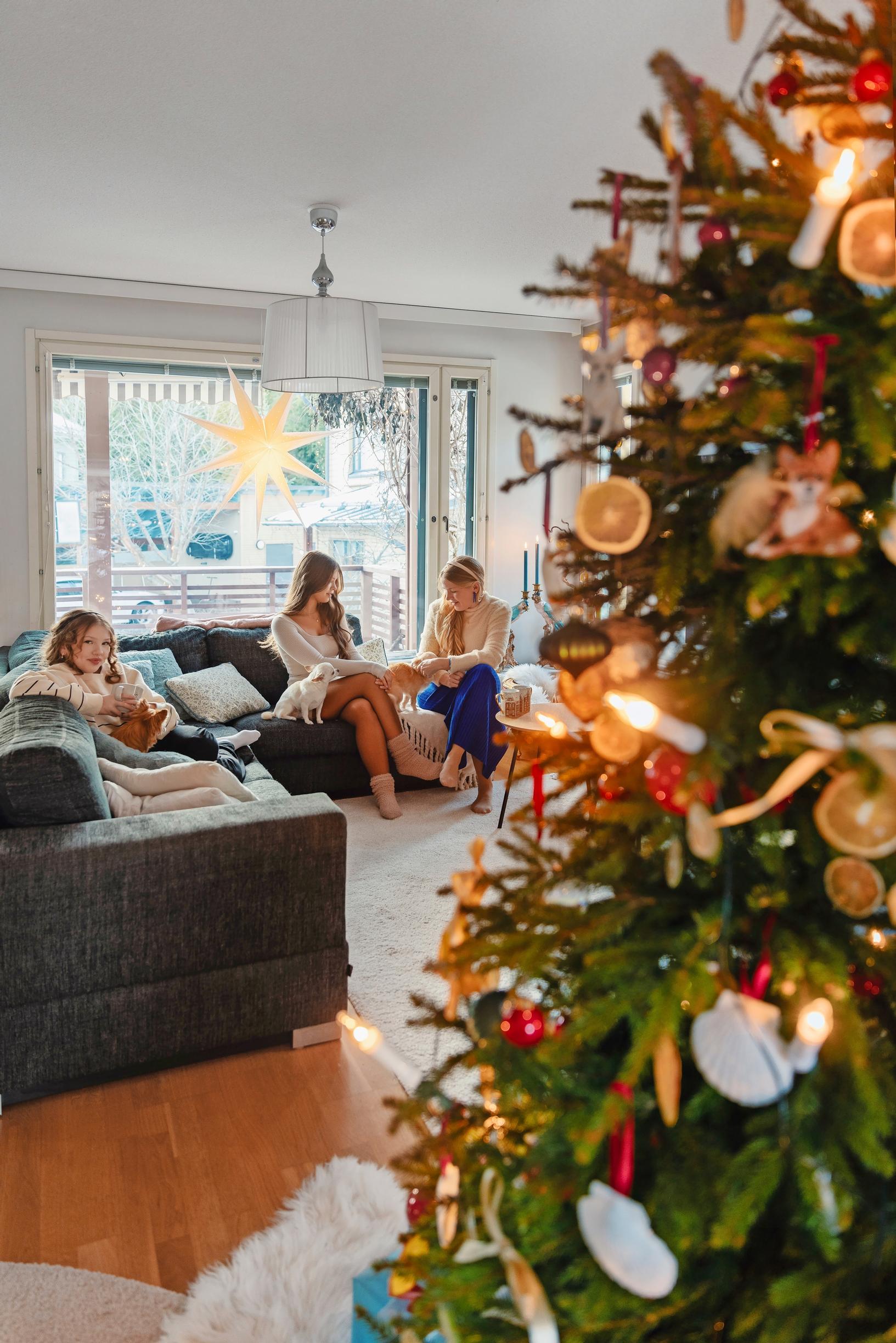The Huttunen family’s living room, a star in the window, a Christmas tree in the foreground, Riikka and the children on the couch.