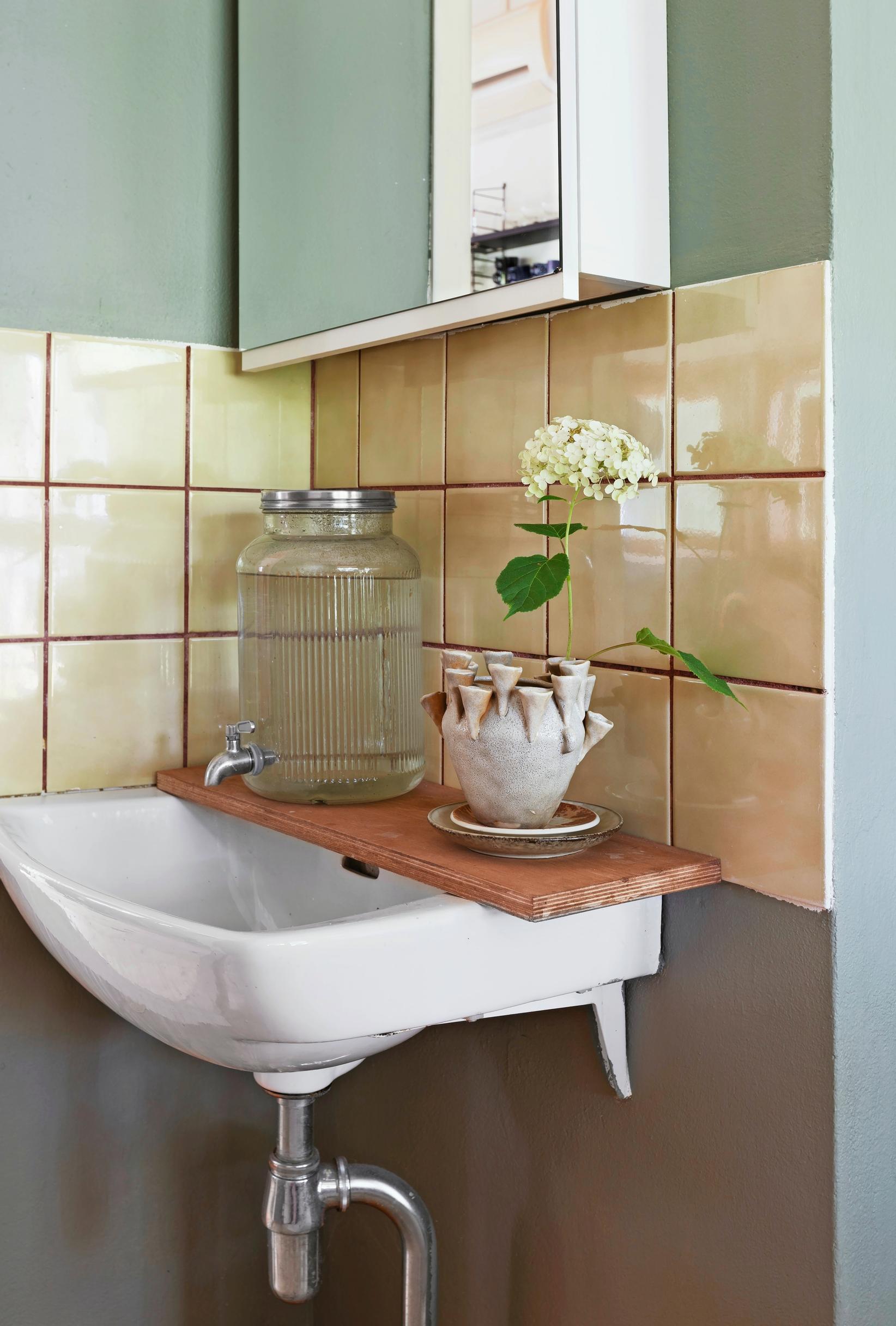 A wooden board on the sink holding a water container and a flower pot, old tiles, and a mirror cabinet.